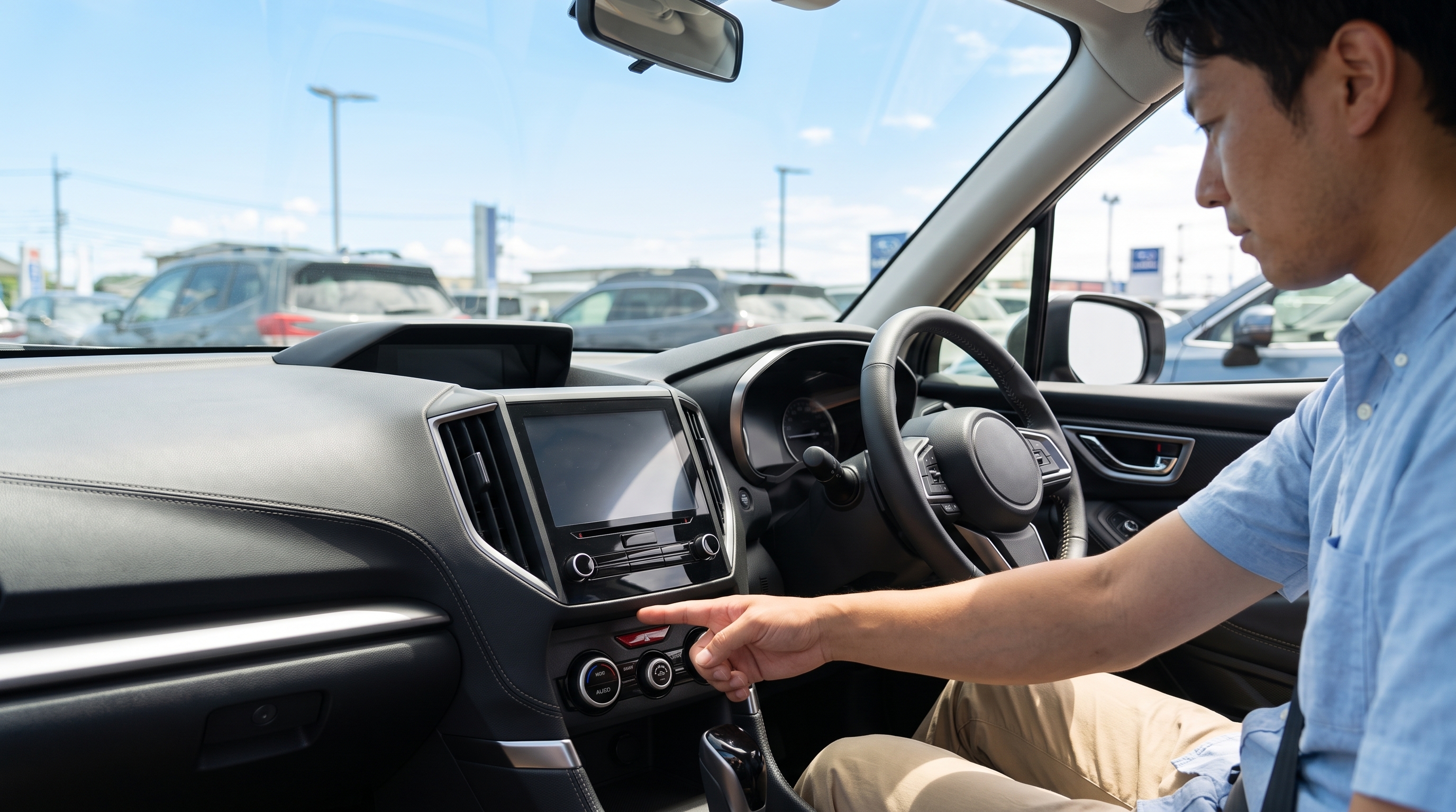 夏の明るい日差しが差し込む車内で、購入検討者が運転席に座りエアコンの吹き出し口やセンタースイッチ周辺の動作確認をしている様子。窓の外には青空が広がっている。