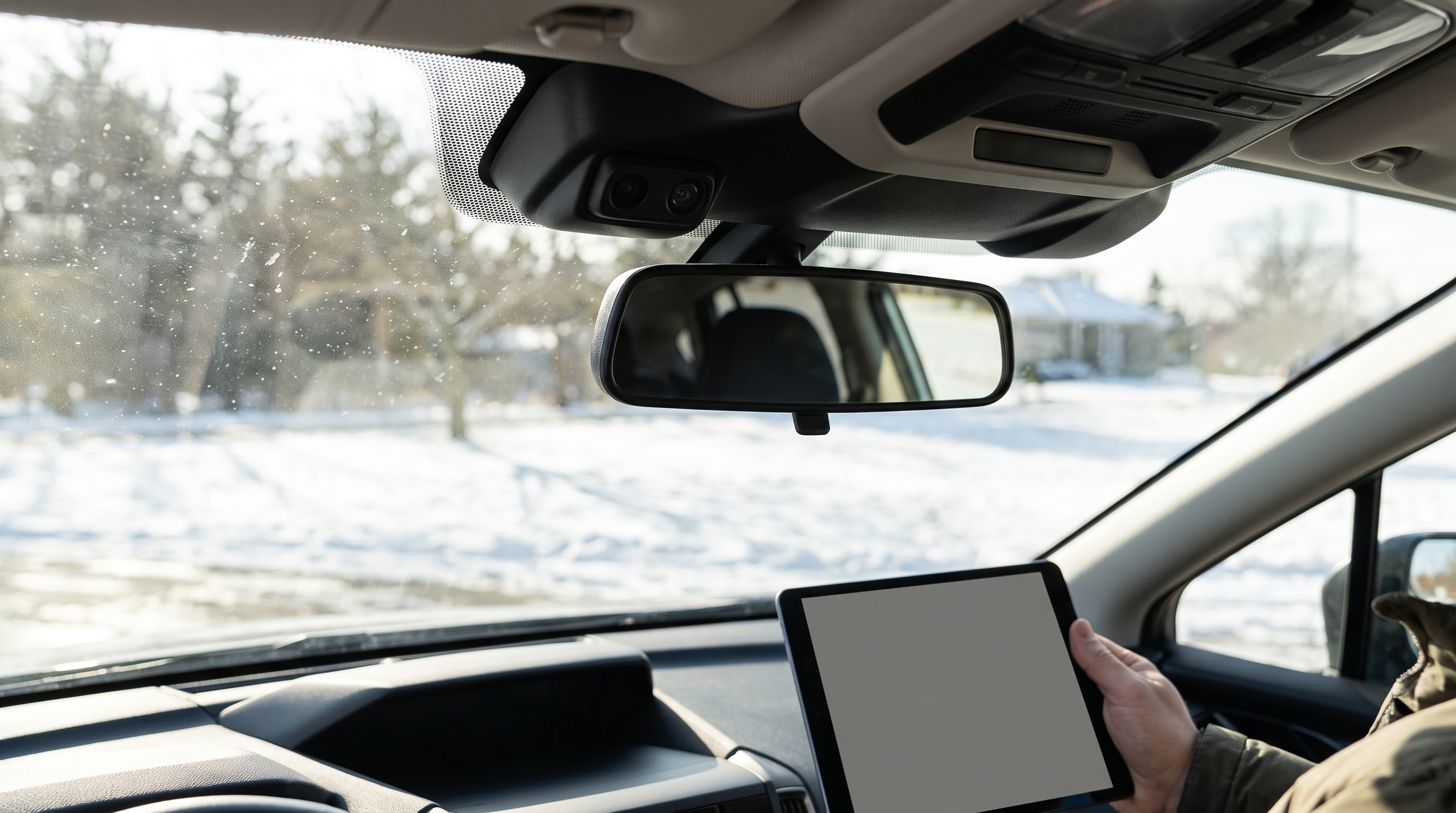 冬の明るい車内で、フロントガラス上部の安全装備用カメラを捉えたクローズアップ。タブレットを持つ査定員の手元が写り込み、車の装備をしっかりと評価しているシーン。