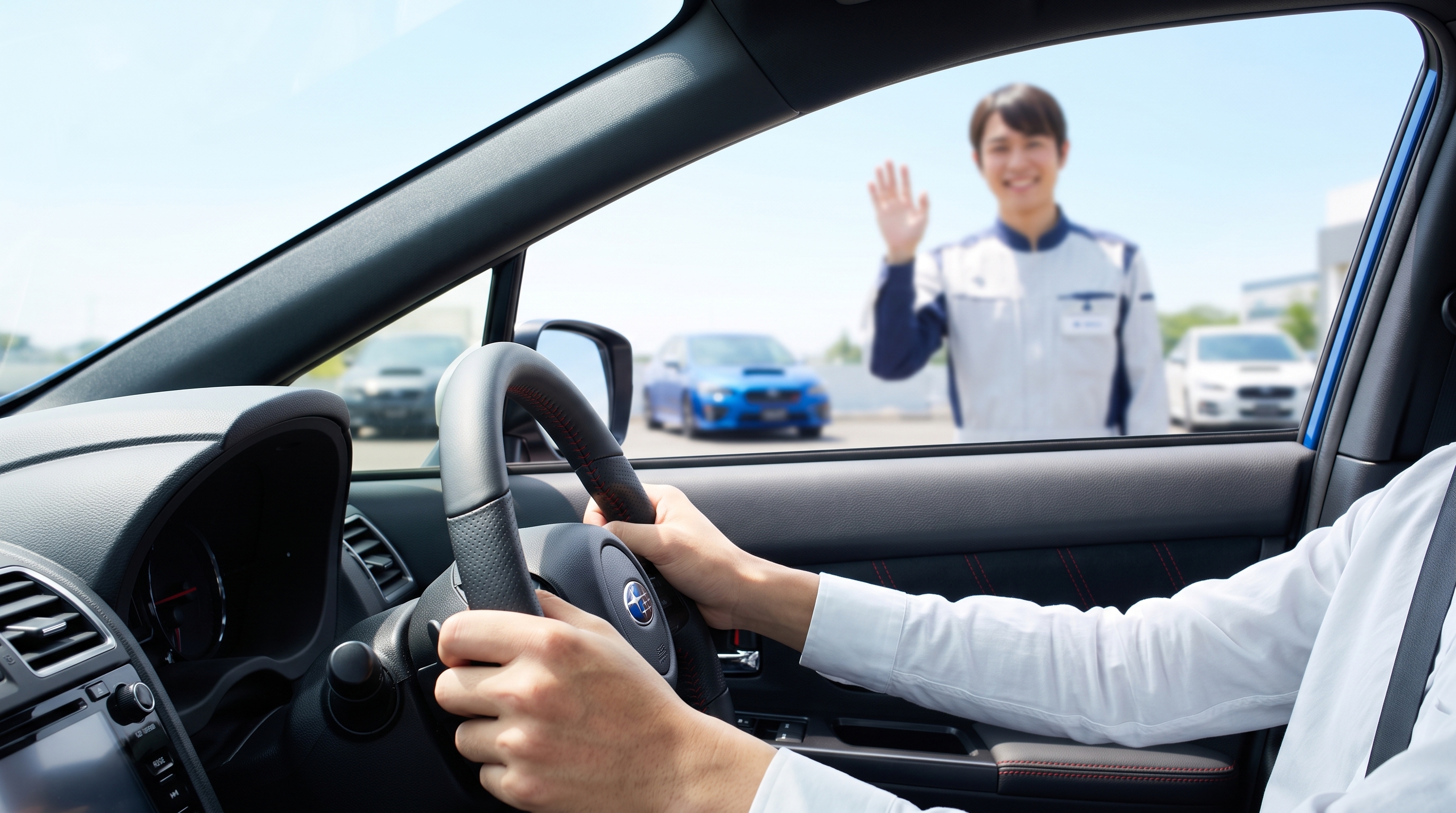 スポーティーな車の運転席で、革巻きステアリングホイールをしっかりと握る両手のクローズアップ。窓の外には夏の青空と、笑顔で見送るスタッフの姿が微かに見えます。
