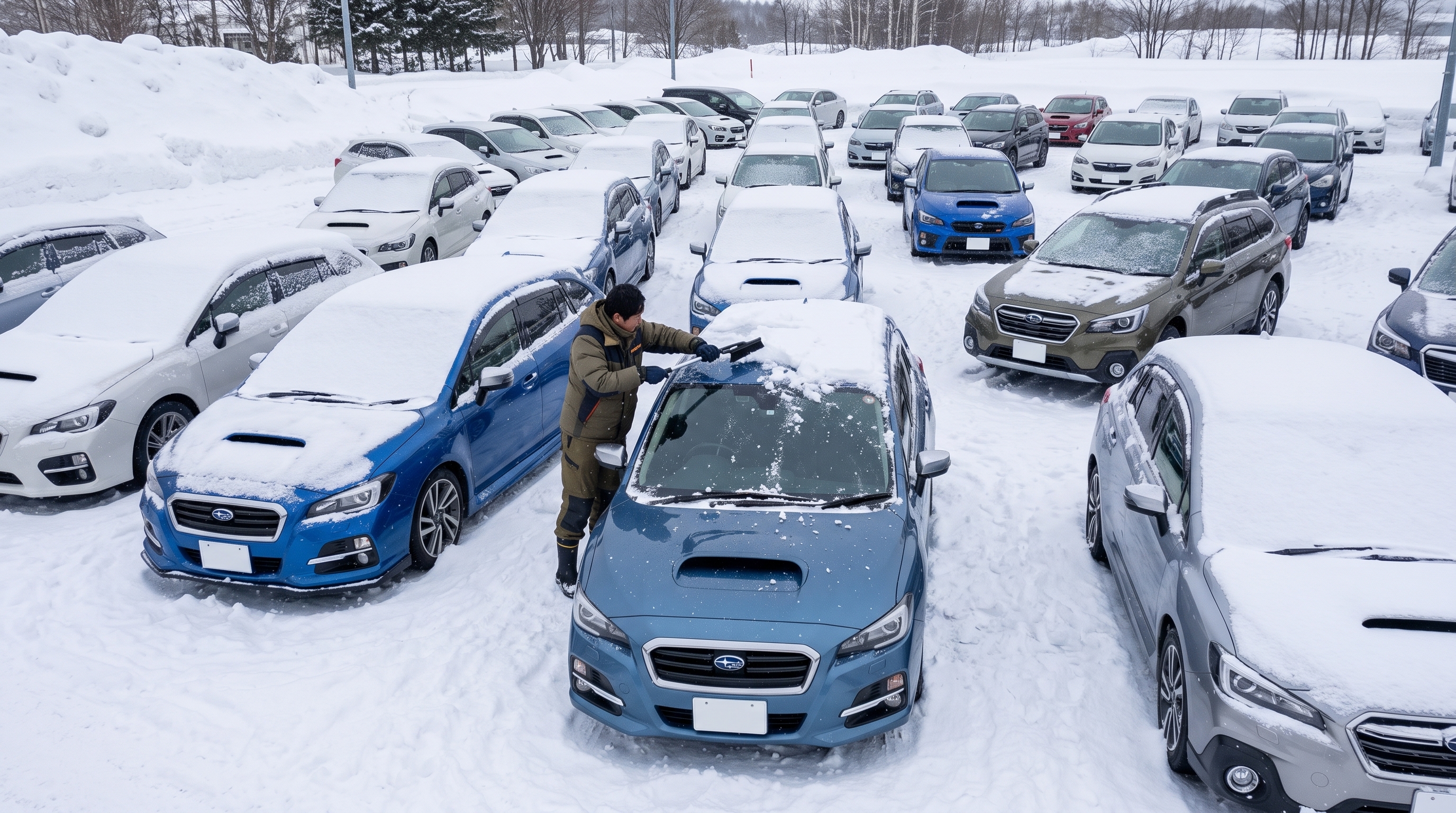 雪に覆われた冬の中古車展示場で、スタッフが青い車の雪を丁寧に下ろしている様子。周囲に車が整然と並ぶ雪国ならではの日常風景を、斜め上から俯瞰して捉えたシーン。