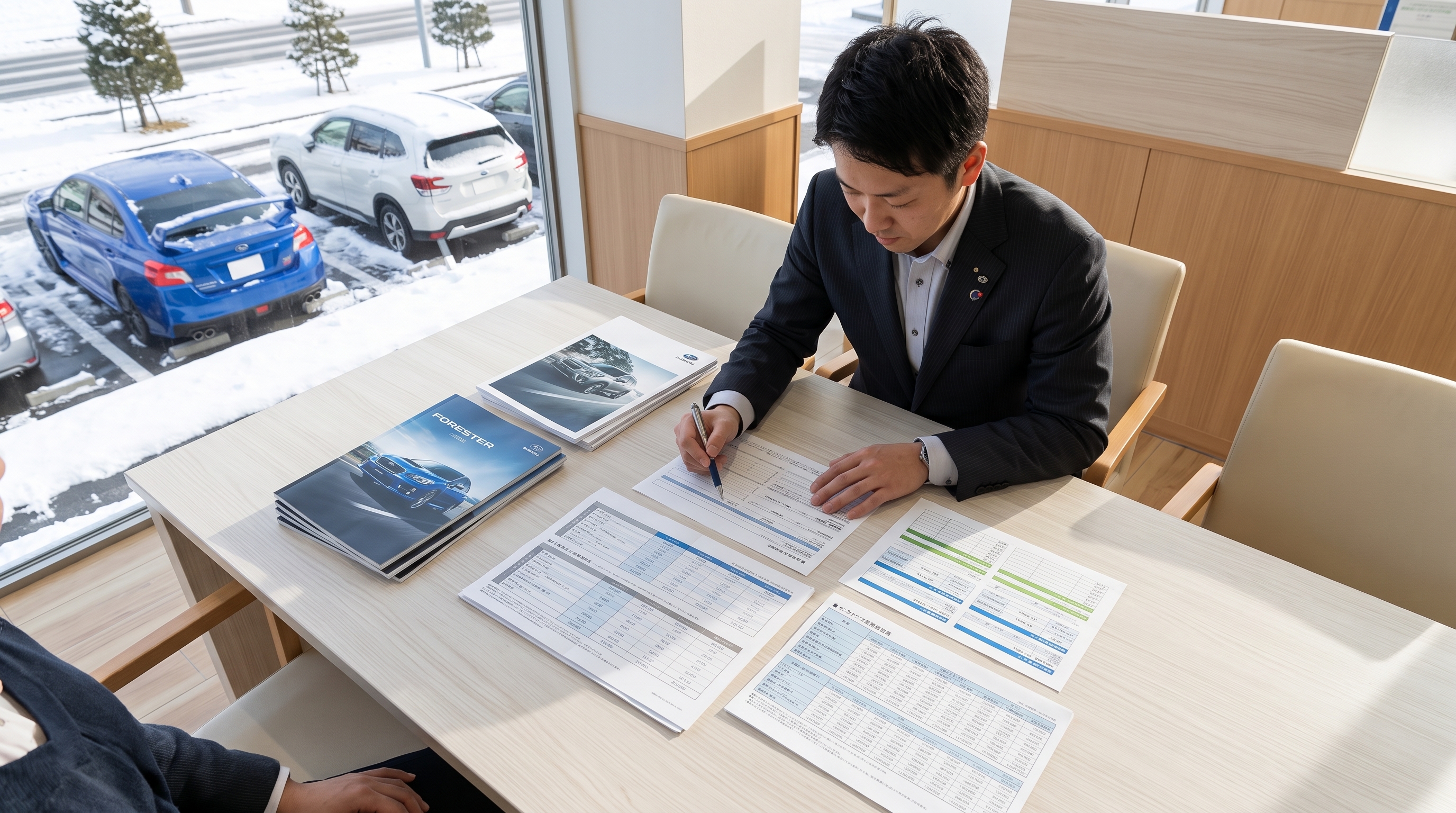明るい自然光が差し込むショールームで、店舗スタッフがテーブルに広げた資料をペンで指し示して説明している手元の様子。窓の外には雪景色が見える俯瞰構図。