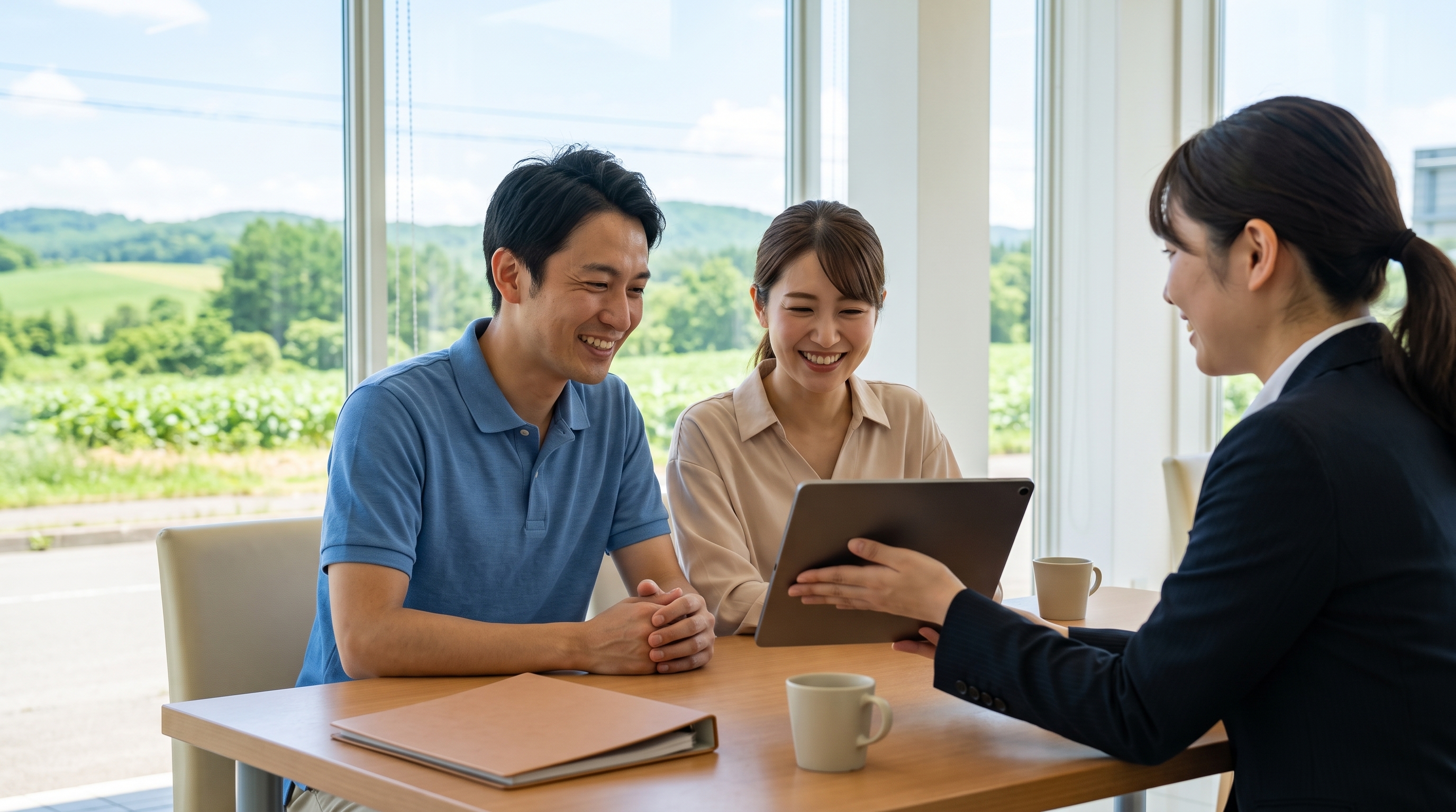 明るい店舗の商談スペースで、夫婦がスタッフからタブレットで説明を受けている様子。窓の外に緑豊かな風景が広がり、二人が安心した笑顔を浮かべているシーンです。
