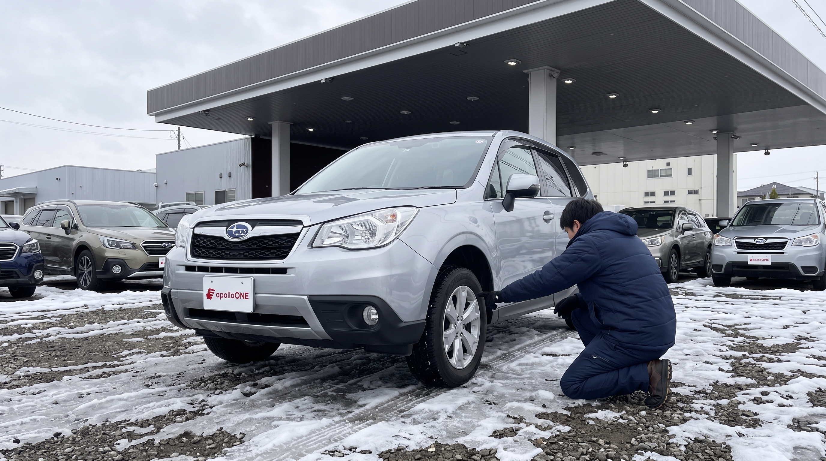 雪が残る駐車場に停まるシルバーのSUVと、しゃがみ込んで車体の下を指差す防寒着姿のスタッフ。雪道でも安心な十分な最低地上高があることを確認している様子。