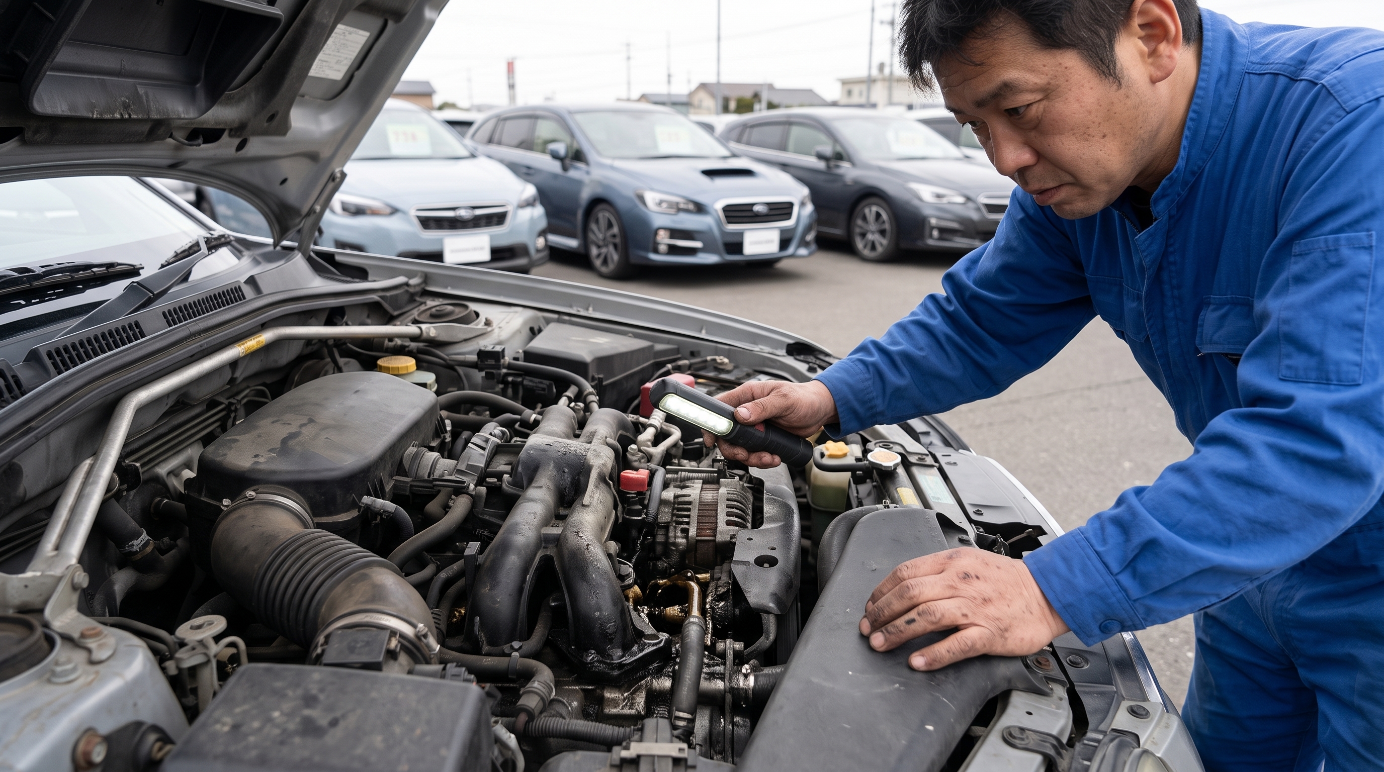 屋外査定スペースで、下取り車のボンネットが開けられている様子。査定士がライトでエンジンルームを照らし、真剣にチェックする表情と手元のクローズアップです。