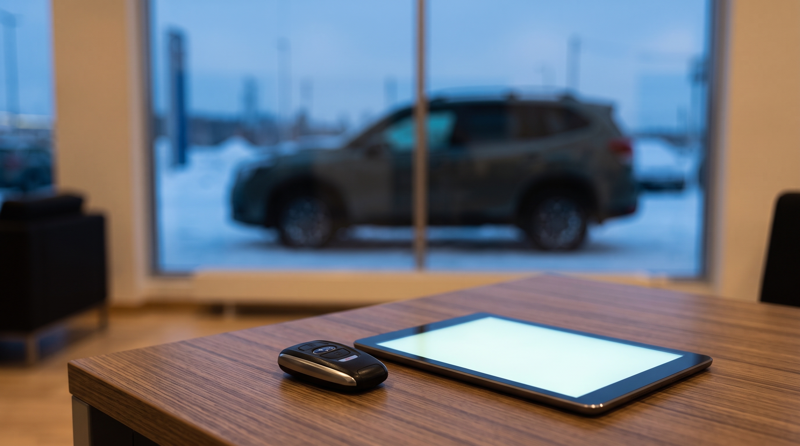 夕暮れ時の商談スペースで、デスク上にスマートキーとタブレット端末が置かれている様子。窓の外には雪が積もった展示場のSUVのシルエットがぼんやりと見えるシーン。