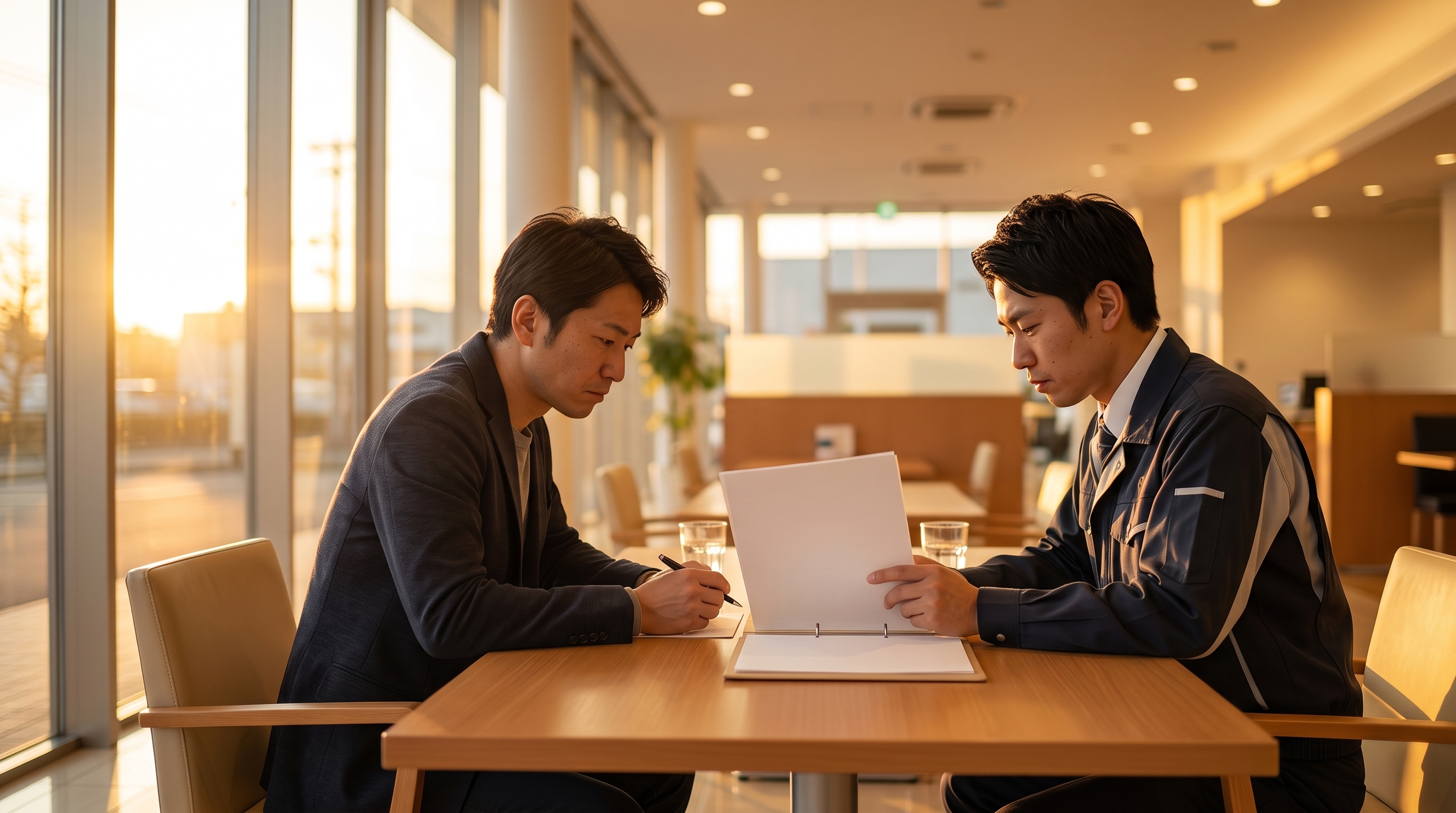 暖かな西日が差し込むショールームで、客とスタッフがテーブルの書類を真剣に見つめながら商談をしている様子。手元のペンやバインダーが交渉の緊張感を伝えるシーン。