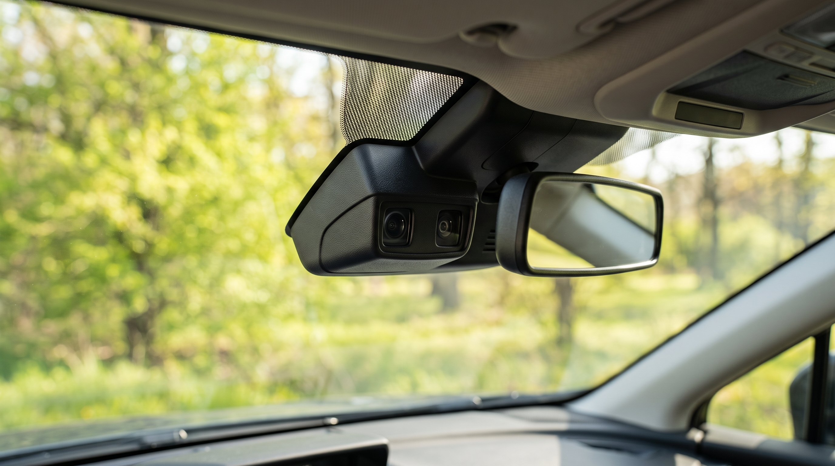 車内のフロントガラス上部に設置された、運転支援システムのステレオカメラとルームミラー付近のクローズアップ。窓越しには初夏の新緑がぼんやりと映り込んでいます。