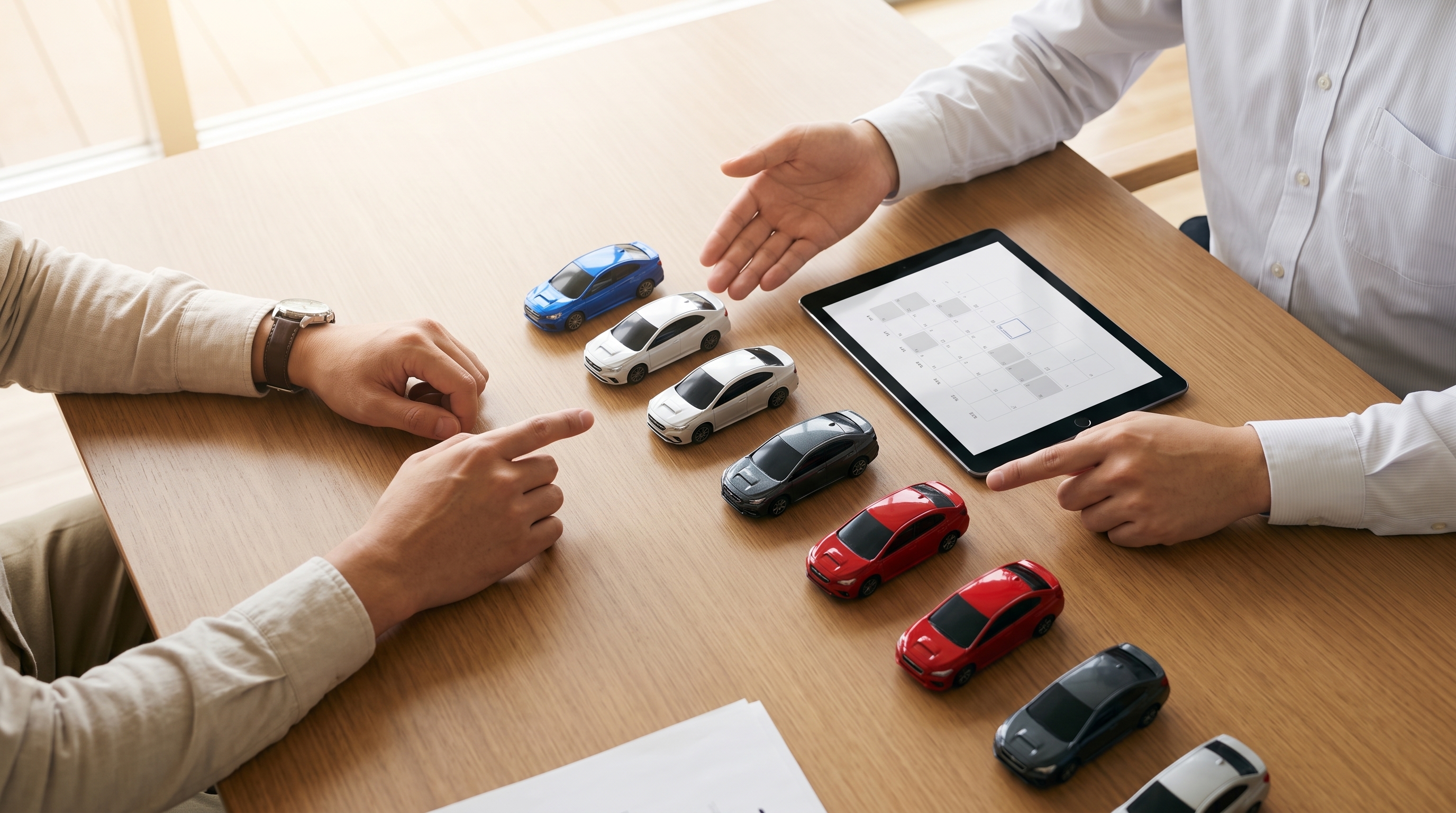 秋の柔らかな日差しが差し込む商談テーブルを真上から捉えた様子。車の色見本モデルやタブレットを前に、お客様とスタッフが手元で色や納期を検討しているシーン。
