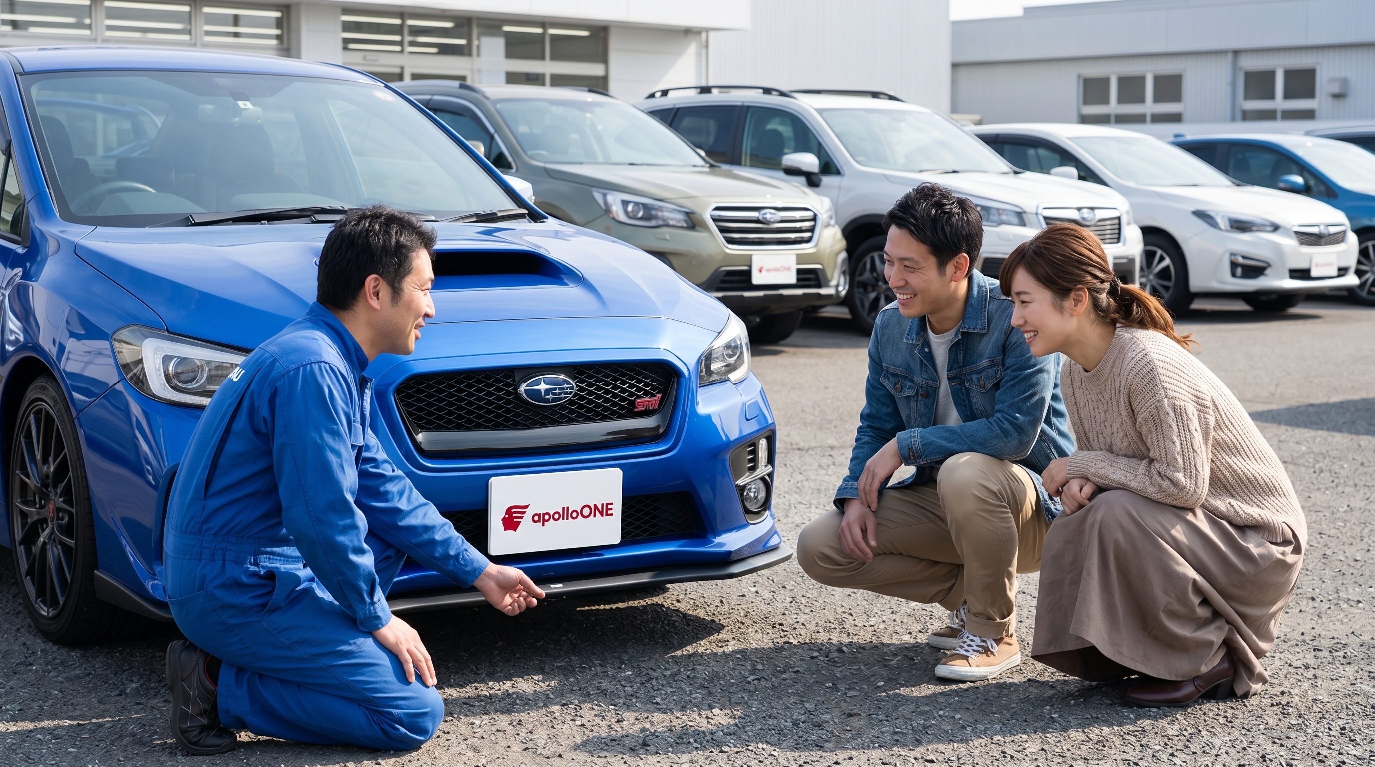 中古車展示場でスバル車の前で笑顔で話す30代の夫婦と、親身にアドバイスをするつなぎ姿の整備スタッフの様子。一緒に車の下回りを確認している安心感のあるシーン。