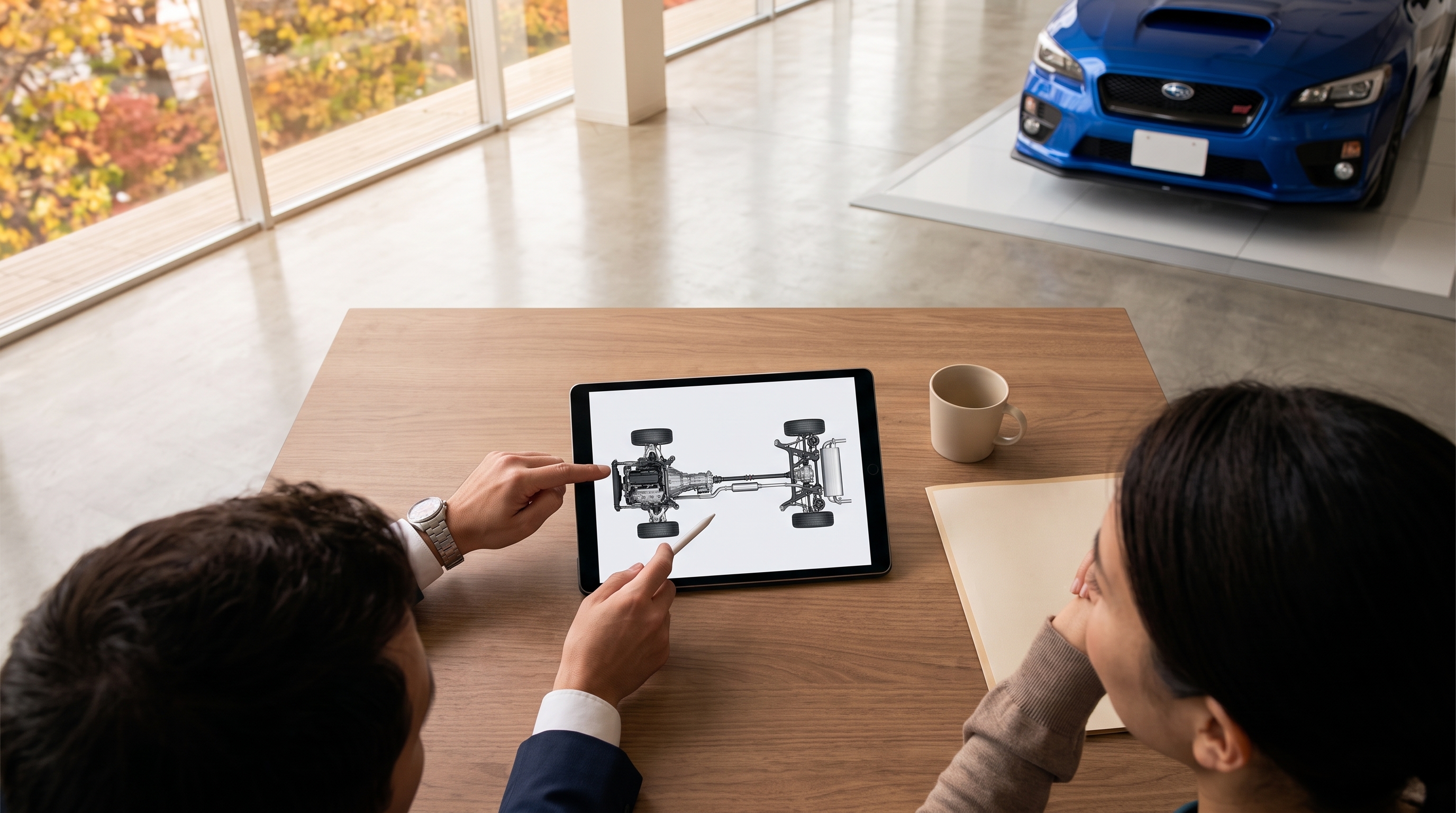 ショールームの商談テーブルで車の構造を説明するシーン。タブレットの骨格図を指差すスタッフの手元と、頷く顧客の様子を真上から見下ろしたハイアングル構図。