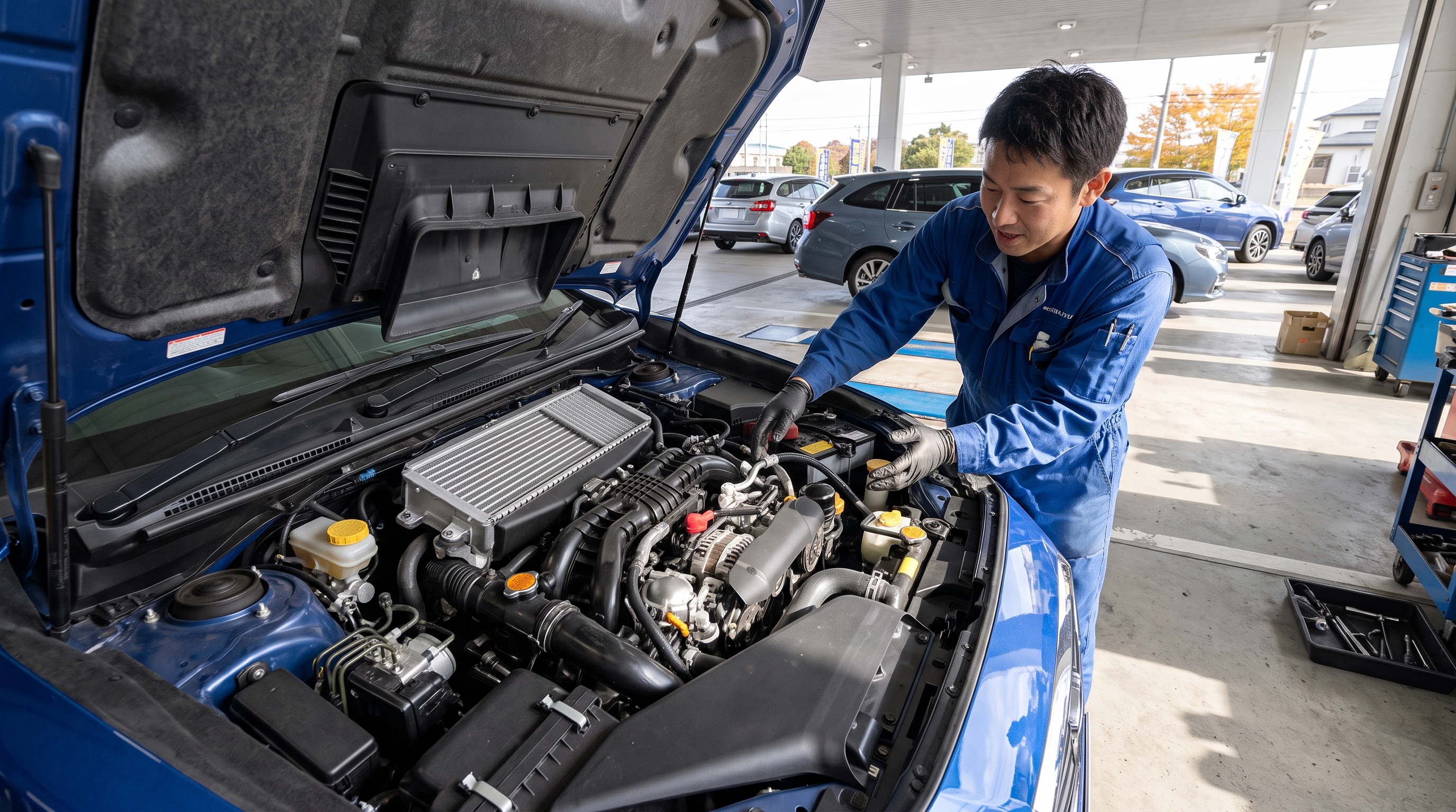 整備工場でボンネットを開けた車のエンジンルームを見下ろすハイアングルショット。つなぎ姿のスタッフが内部のパーツを指差し、身振り手振りで説明している様子。