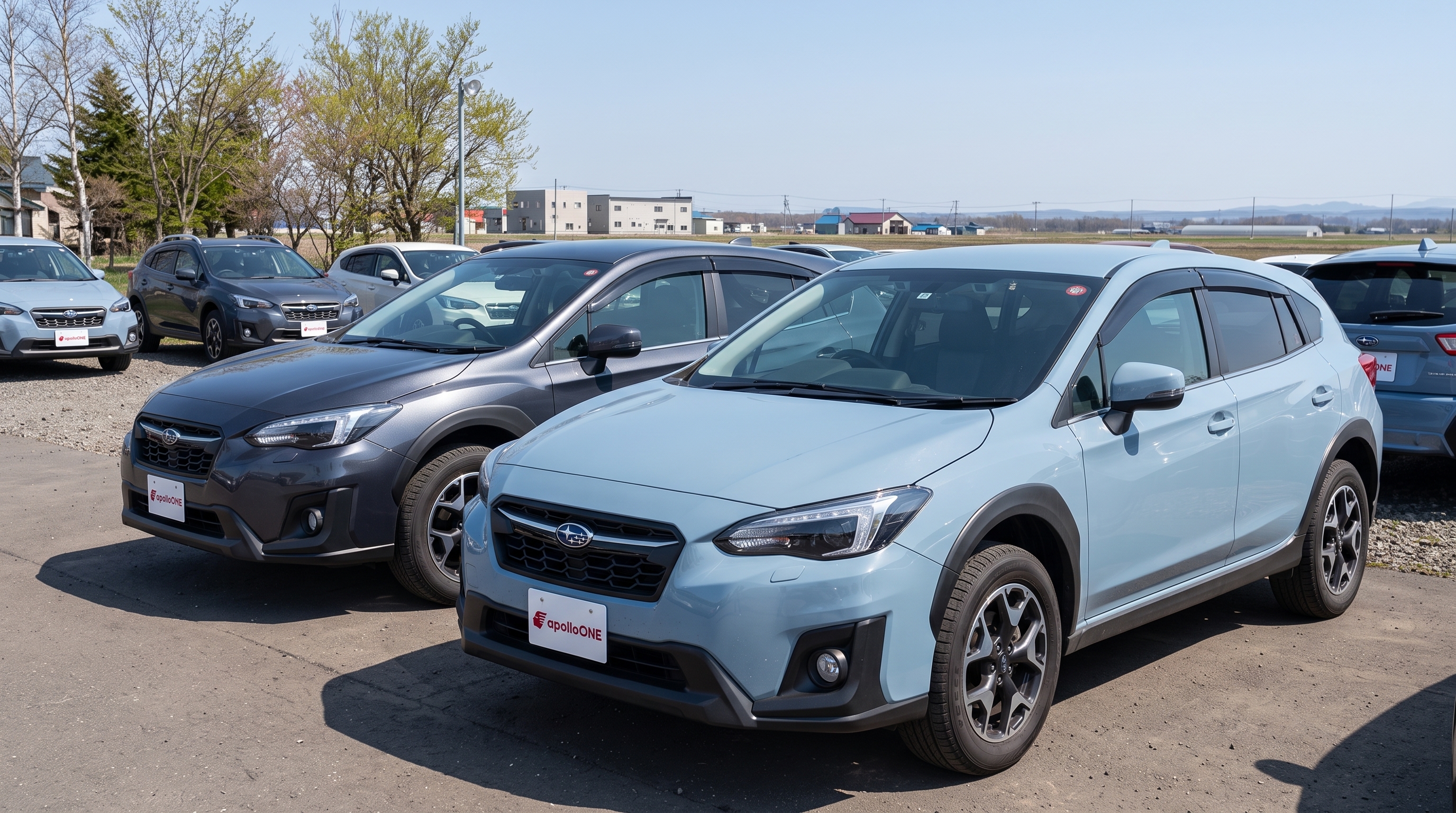 広々とした中古車展示場に水色とダークグレーのSUVが並んで展示されている様子。自然光がボディの艶やラインを際立たせ、状態の良さをアピールしているシーンです。