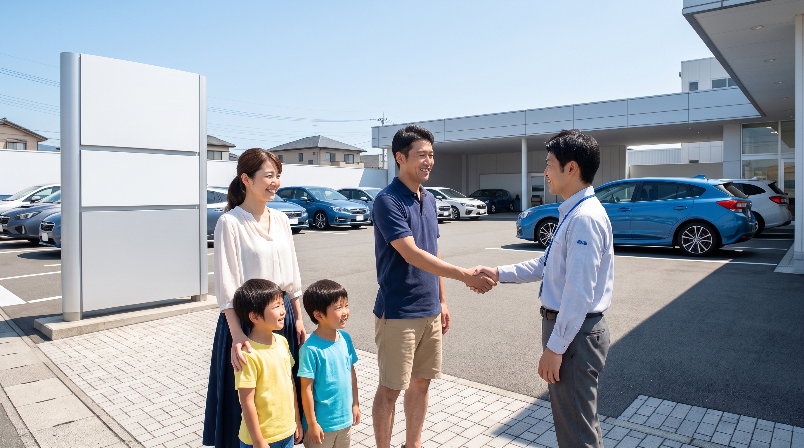 夏の快晴の空の下、店舗前で家族連れと車の査定士が笑顔で握手をしている様子。背景の駐車場には青いコンパクトカーが停まっている、引きの構図で捉えたシーン。