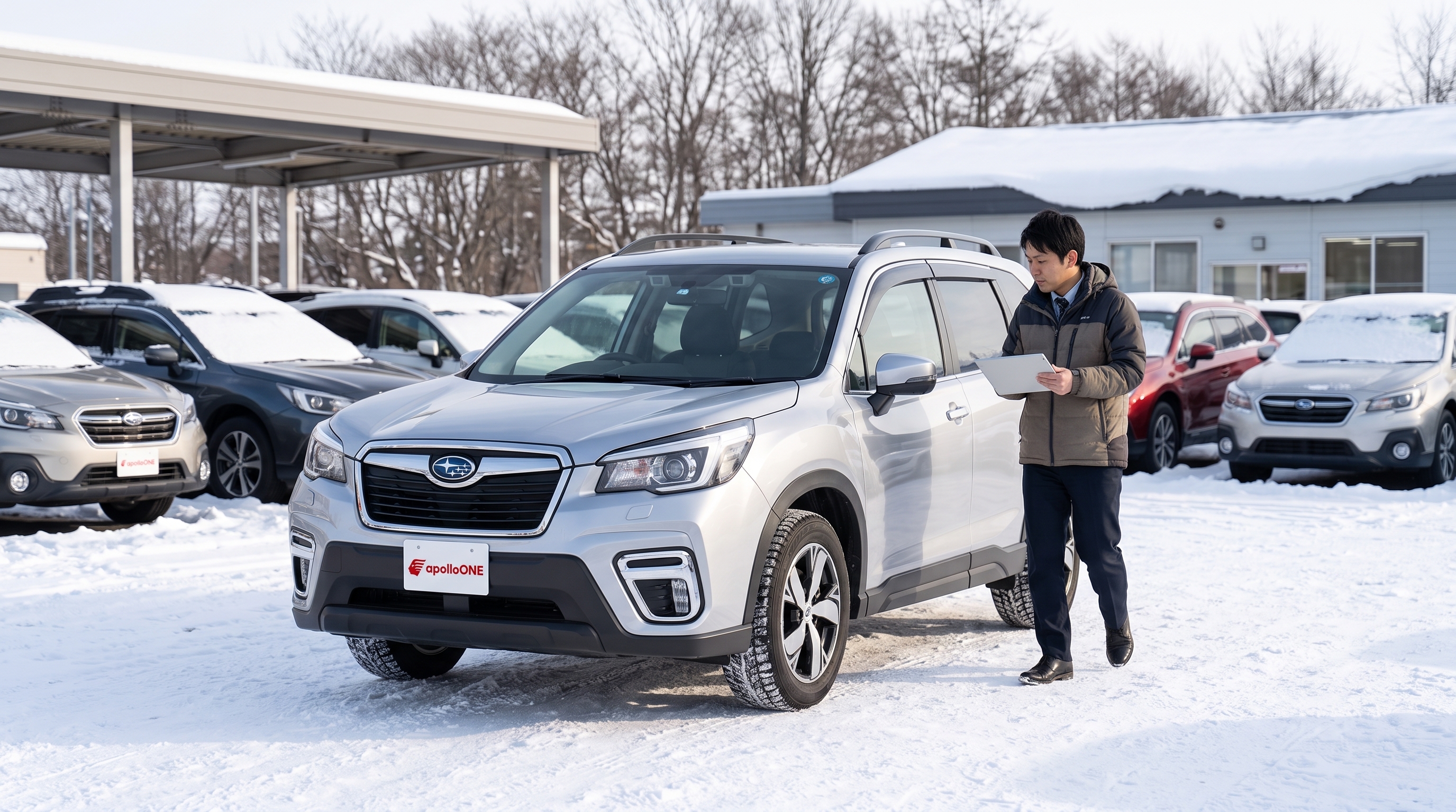 雪がうっすらと積もった冬の朝、屋外の中古車店舗でシルバーのフォレスターの周囲を歩きながら、タブレットを手に車の状態を全体的に確認している査定員の様子。