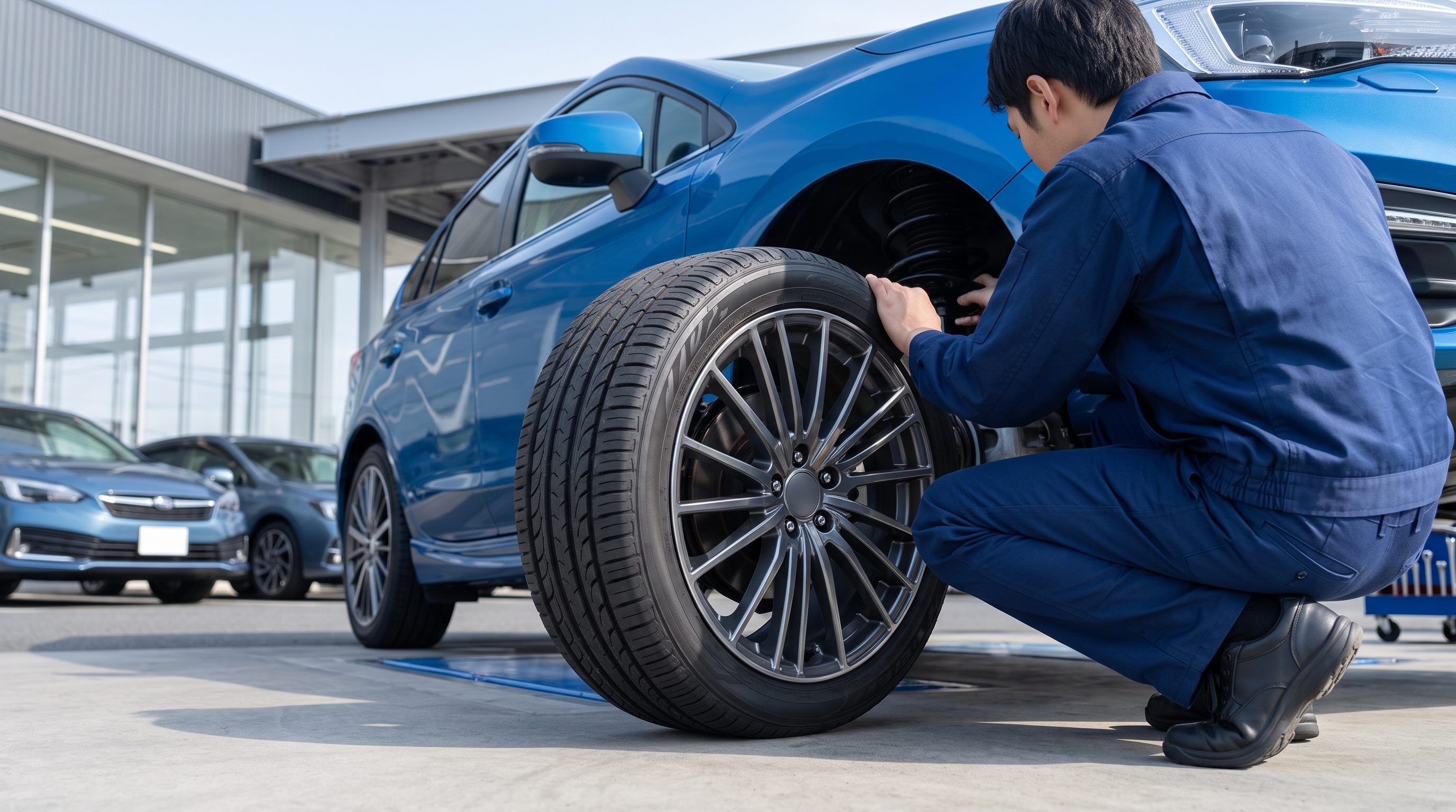 初夏の爽やかな屋外整備スペースで、作業服姿のスタッフがしゃがんで車のタイヤ周りを確認しているシーン。ローアングルからアルミホイールを強調した構図です。
