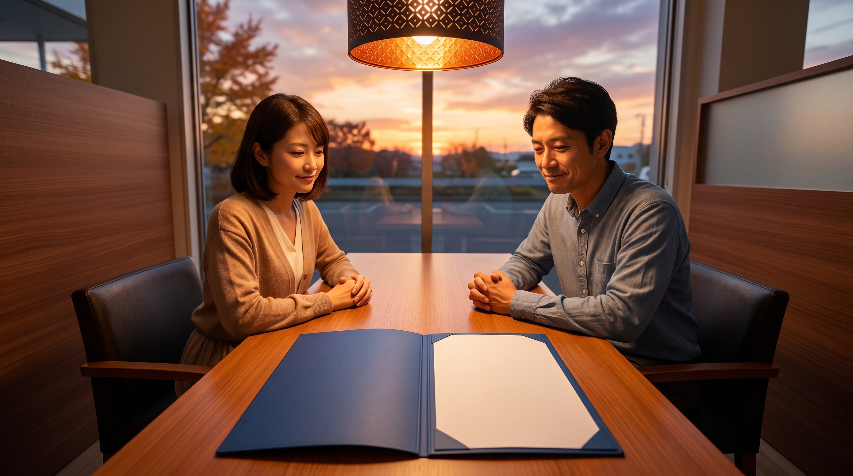 ショールームの商談ブースで、テーブル越しに保証制度の説明を受けている夫婦の様子。開かれたファイルを見ながら夫が安心したように軽く頷いているシーン。