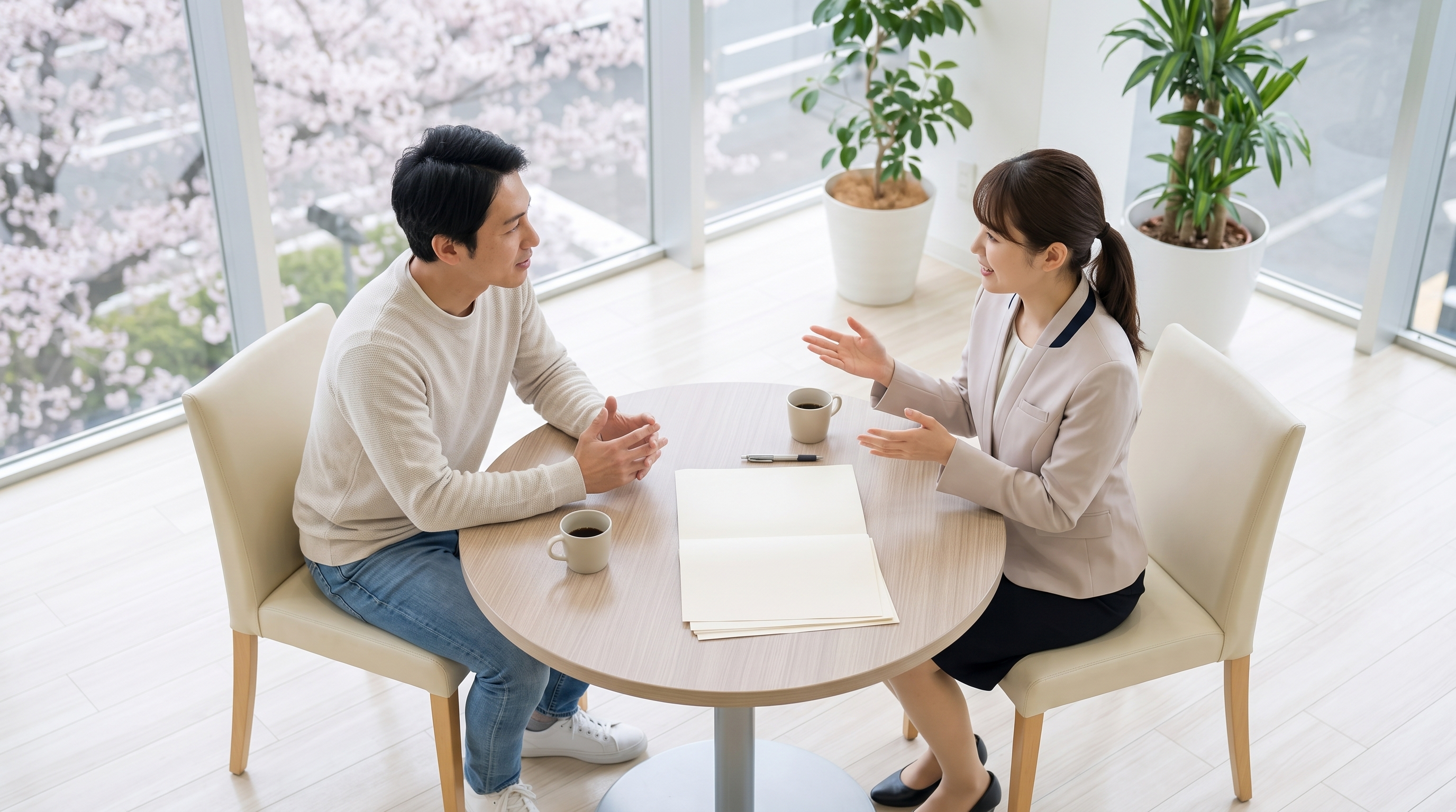 明るいショールームの商談スペースを斜め上から捉えた構図。テーブルに向かい合って座る男性客と店舗スタッフが、身振り手振りを交えながら熱心に話し合っている様子。