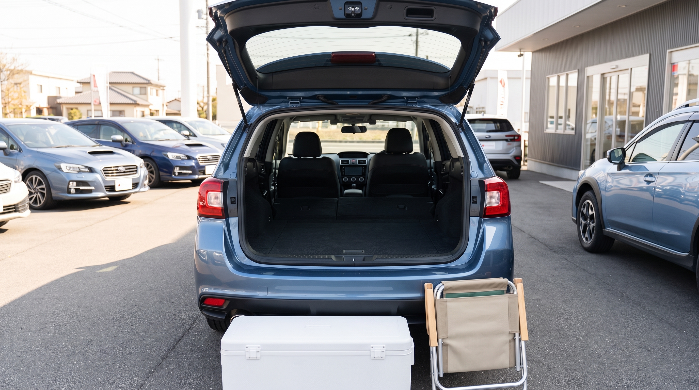 テールゲートが開いたステーションワゴンの様子。後部座席が倒されてフラットになった広い荷室空間と、車の後ろに置かれたアウトドアギアをアイレベルから捉えたシーン。