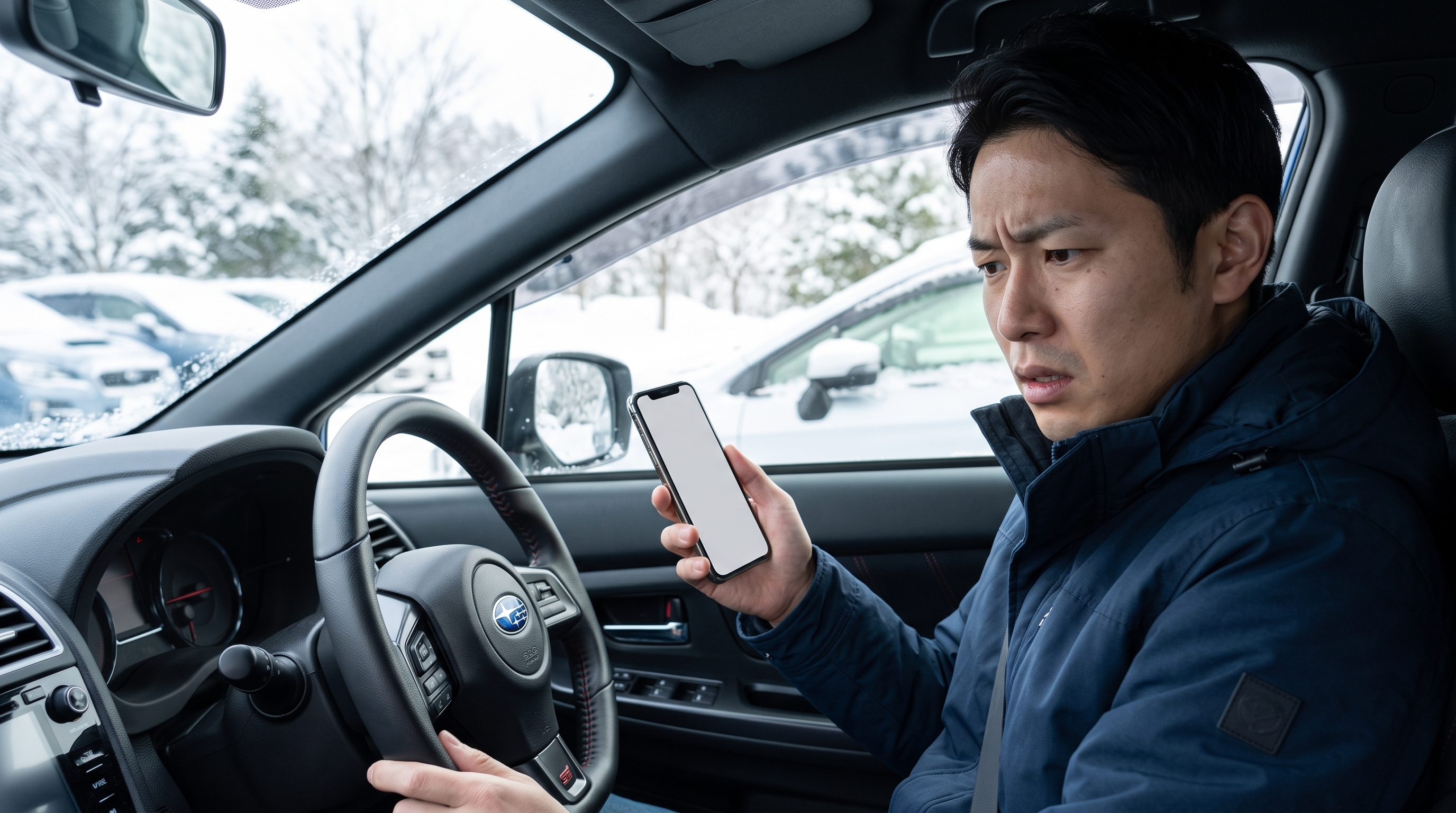 窓の外にうっすらと雪が積もる冬の午前中、自動車の運転席に座るドライバーがスマートフォンを手に持ち、画面を見つめて戸惑っている表情のクローズアップ。