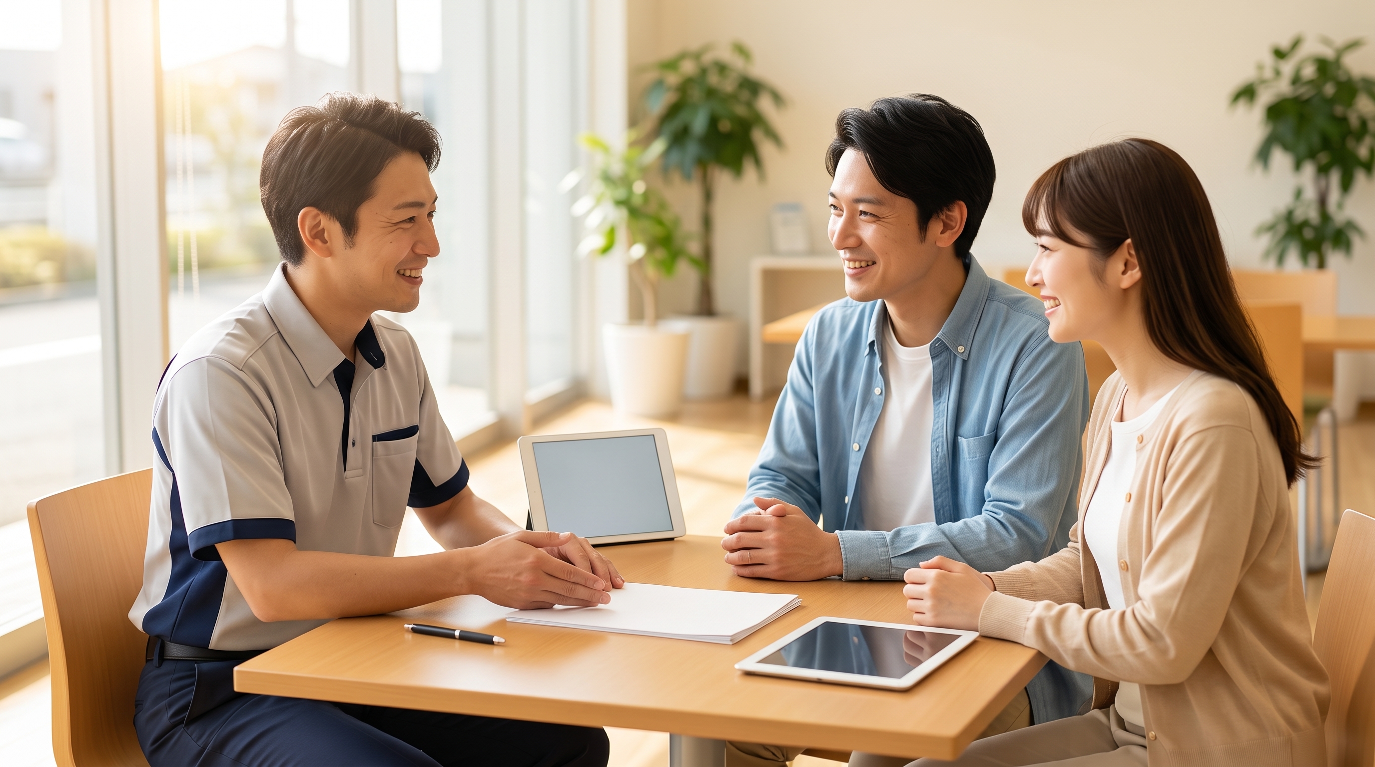 春の暖かな日差しが差し込む店舗の商談スペースで、スタッフと顧客が向かい合い和やかに車の購入条件について話し合う様子。机には見積書やタブレットが置かれている。