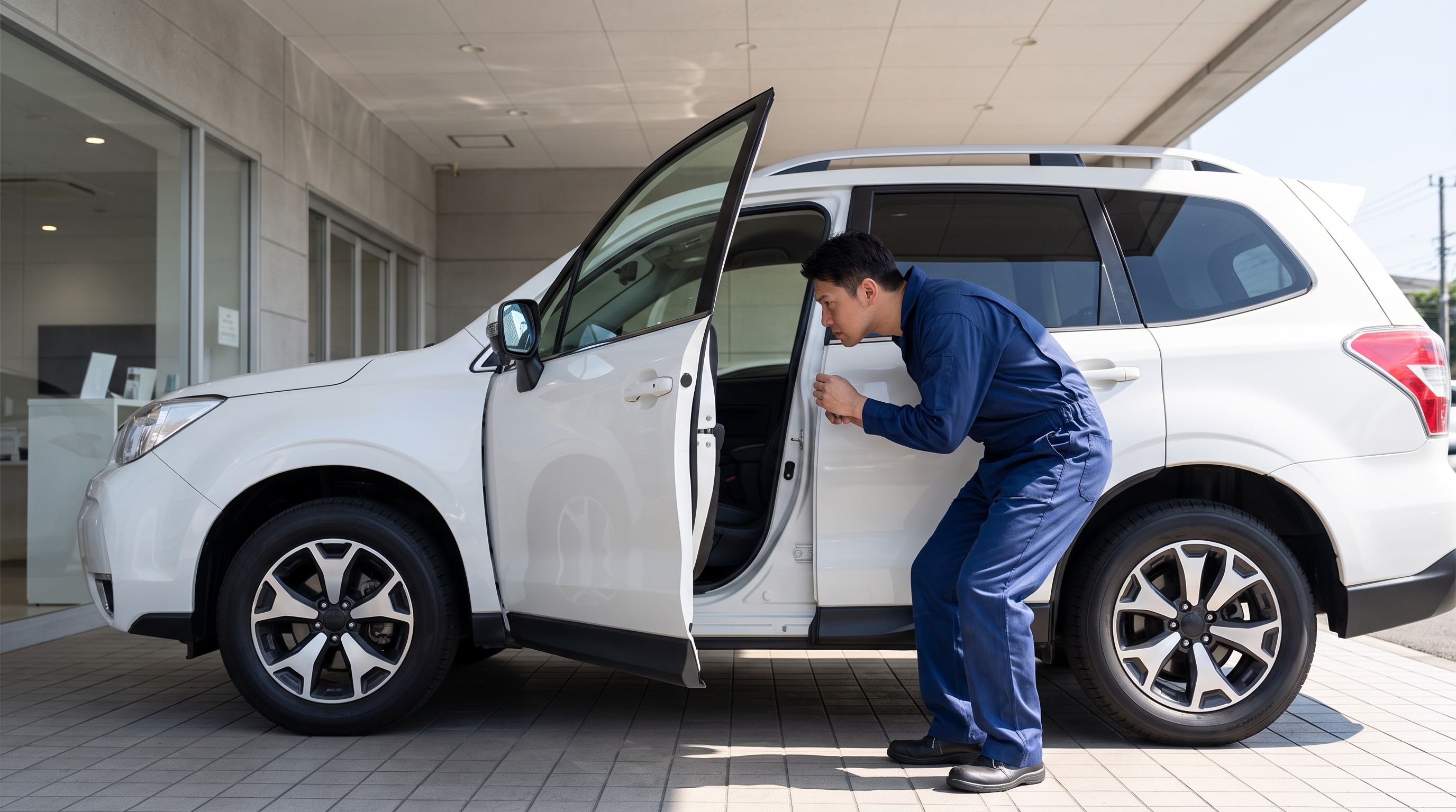 夏の昼下がり、明るい日差しが差し込む店舗の軒下で、白い車の運転席ドアを開け、整備士がピラー部分に貼られた対策済みシールを真剣な眼差しで確認しているシーン。