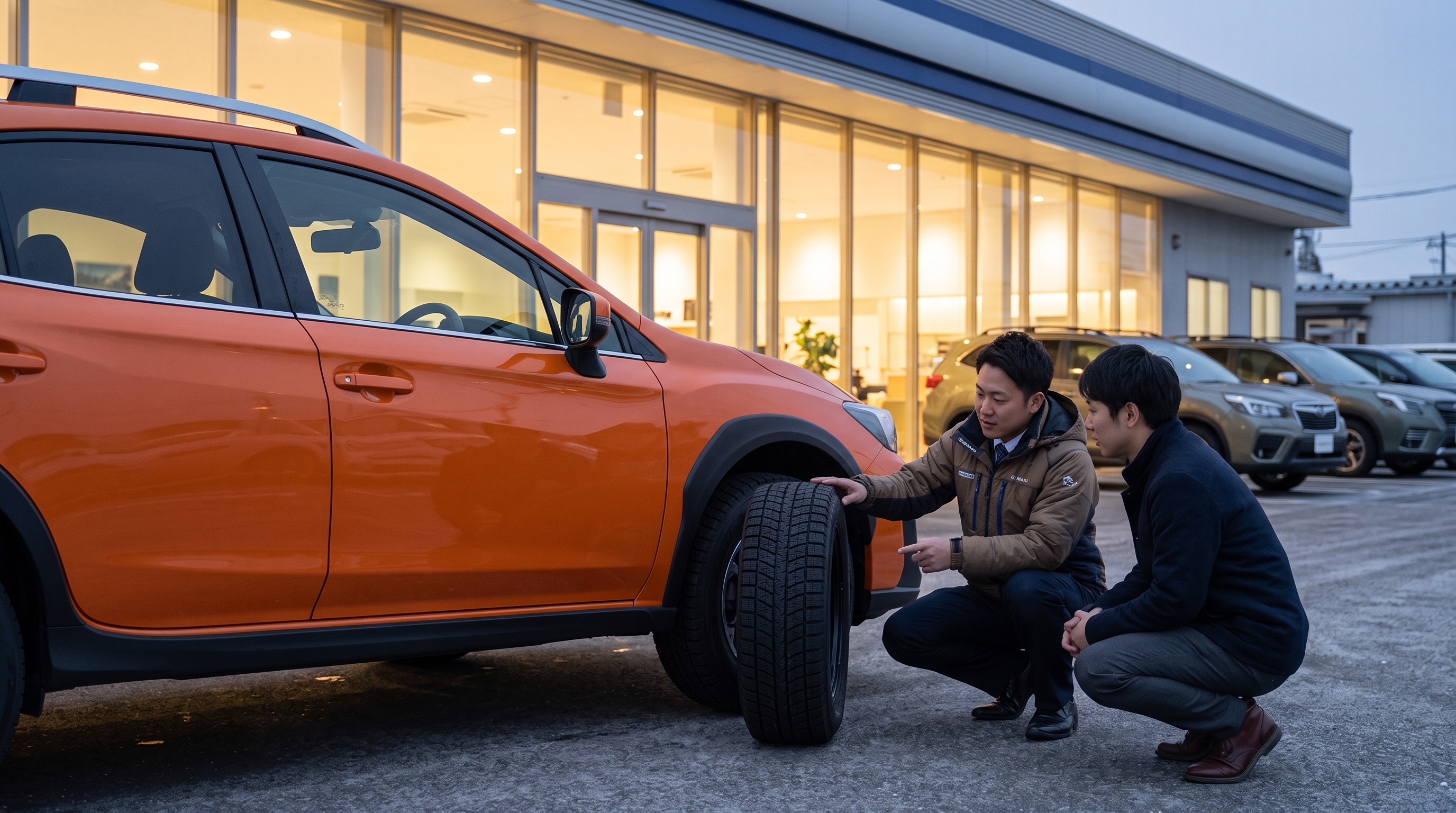 夕暮れ時の駐車スペースで、オレンジ色のSUVの横にしゃがみこみ、装着された新品のスタッドレスタイヤの深い溝を確認しているスタッフと顧客の様子。