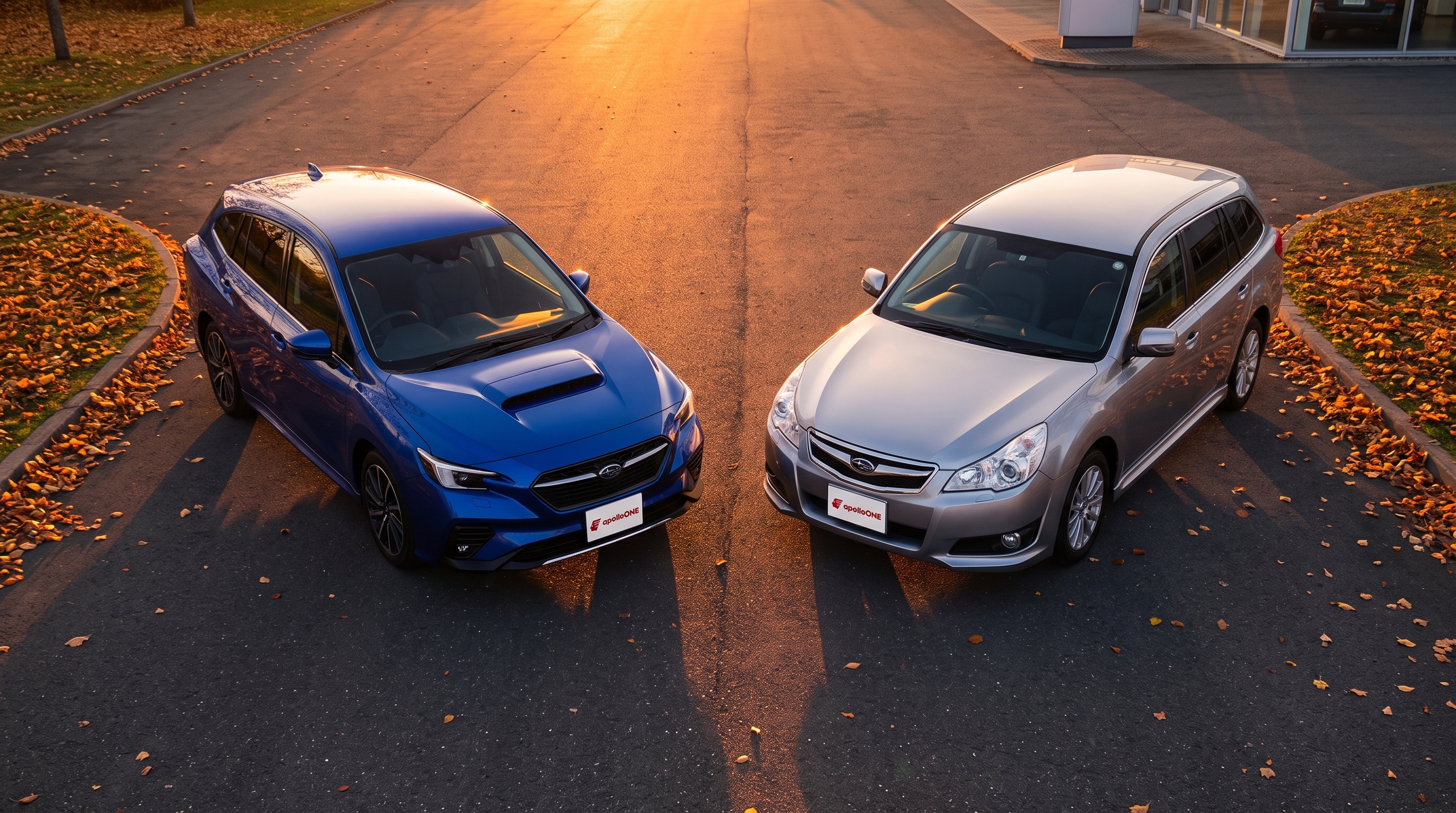 秋の夕暮れ時の展示スペースに、青い最新型とシルバーの旧型の車がV字型に並ぶ様子。ハイアングルから2台のデザインの違いを比較できる俯瞰のシーンです。
