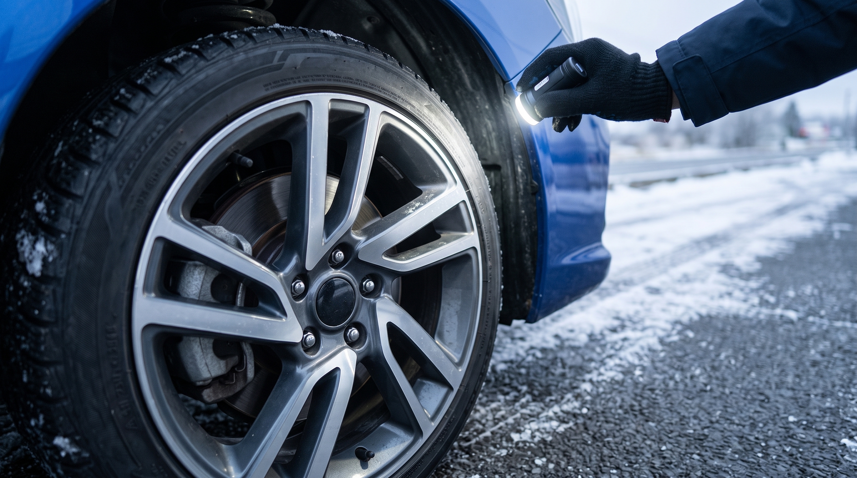 冬の朝、雪が残る屋外で車の左フロントタイヤ周りを捉えたクローズアップ。査定員がLEDライトでホイールやタイヤハウスを照らし、サビや傷をチェックしている様子。