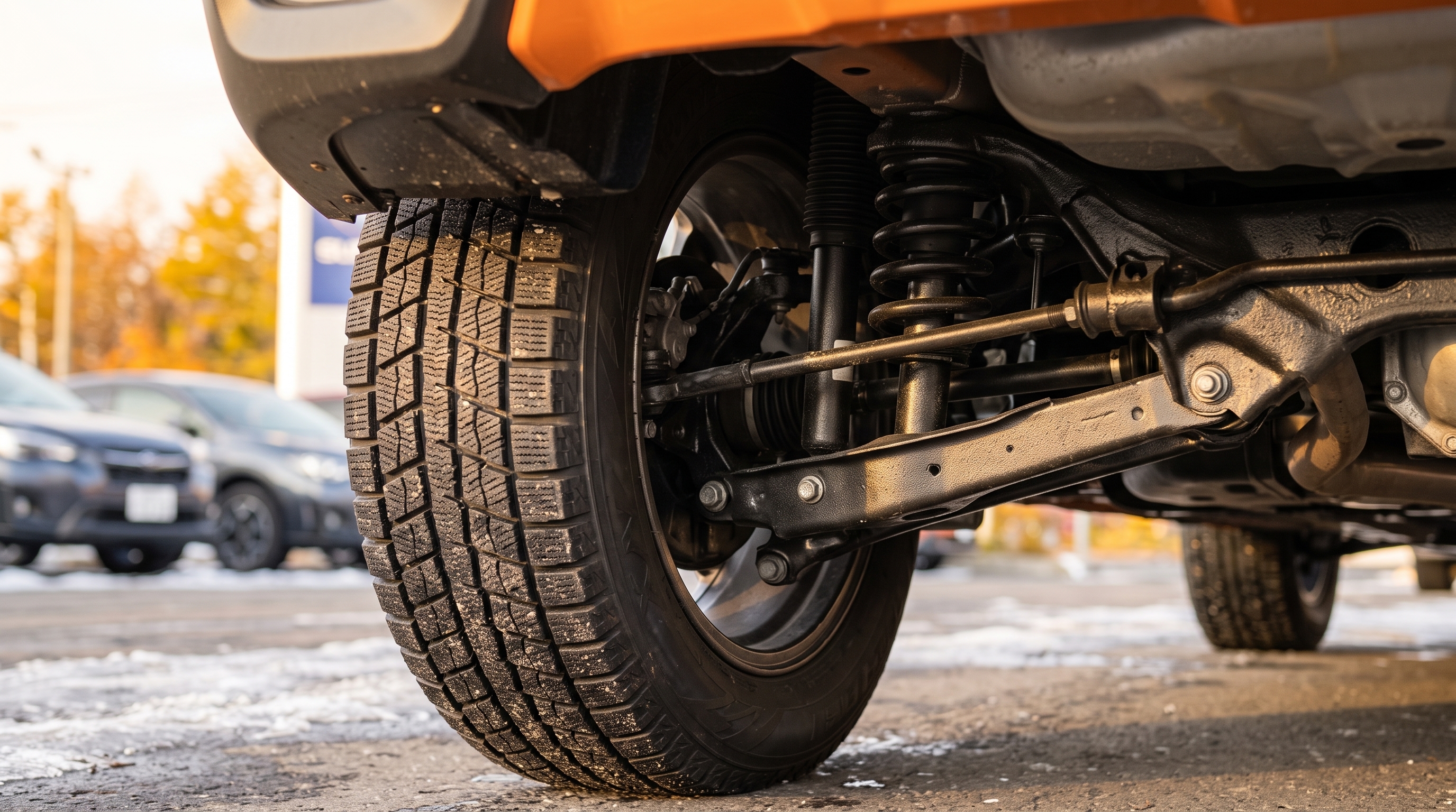 オレンジ色の車の足回りを捉えたクローズアップ。スタッドレスタイヤやサスペンションのリアルな質感を描写し、夕暮れの西日がパーツを照らして立体感を強調している様子。