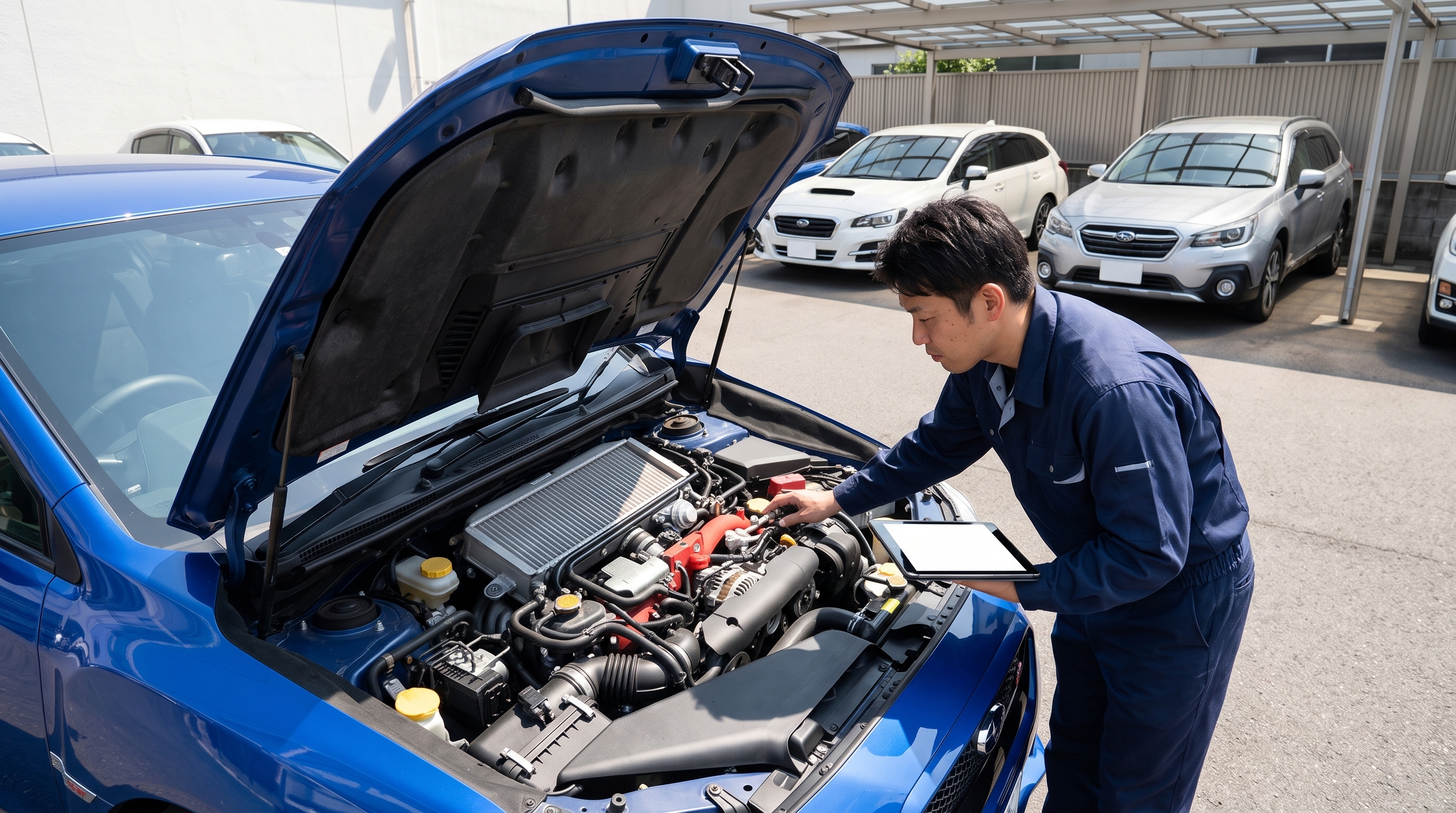 夏の強い日差しの下、屋外でボンネットを開けて車の状態をチェックする査定士の様子。タブレットとエンジンルームを上から見下ろすハイアングル構図のシーン。