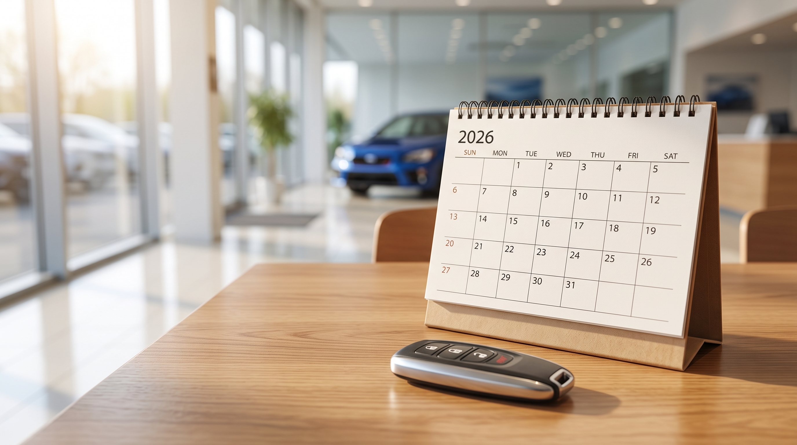 明るい木目調テーブルに置かれた卓上カレンダーと車のスマートキーのクローズアップ。自然光が差し込む中、車の購入スケジュールを検討する様子を表現したシーンです。