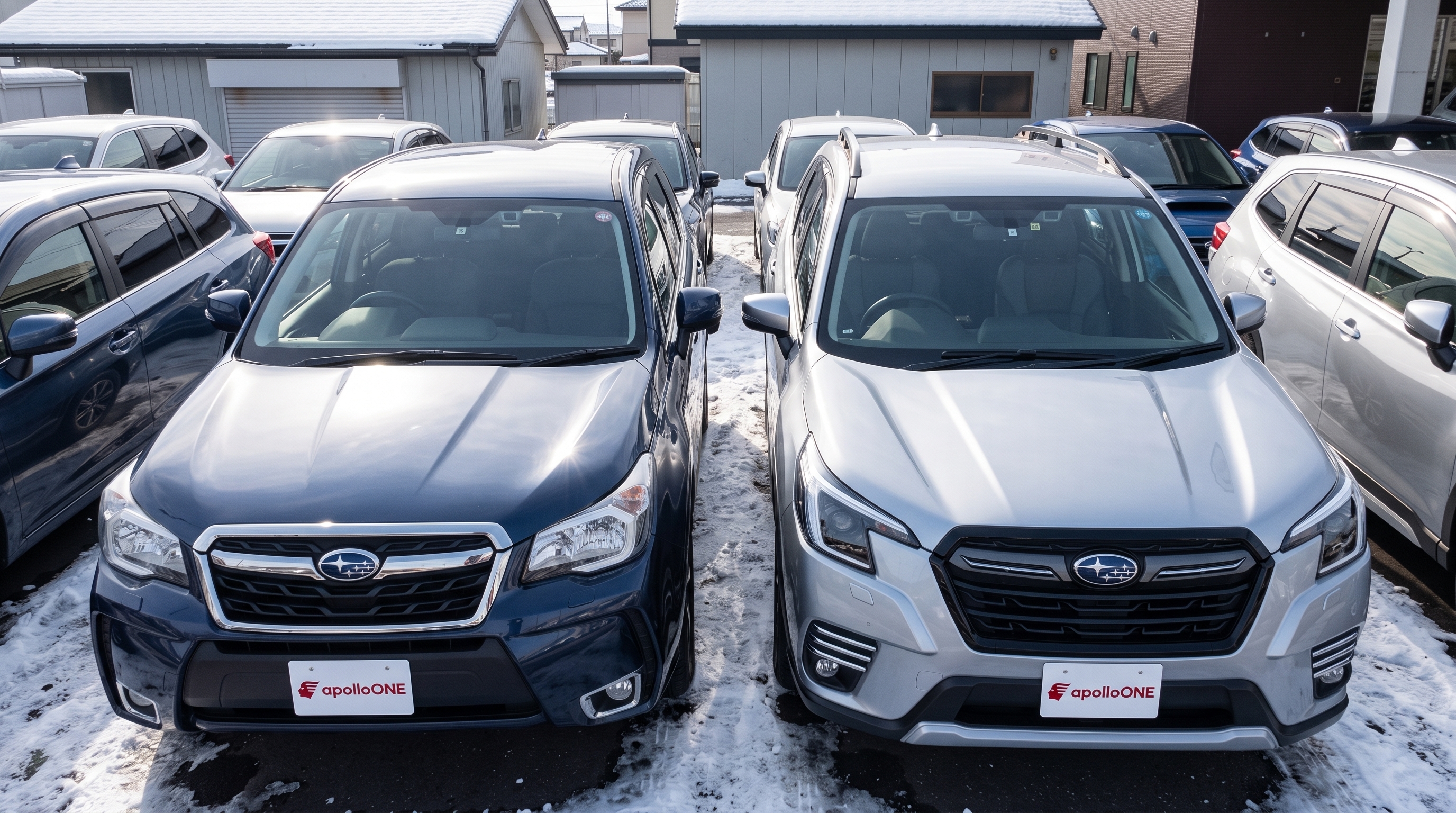 雪が積もる屋外の中古車展示場に並ぶ、異なる年式のSUV2台の様子。フロントグリルやヘッドライトの形状を比較できるよう、ハイアングルから俯瞰で捉えたシーンです。