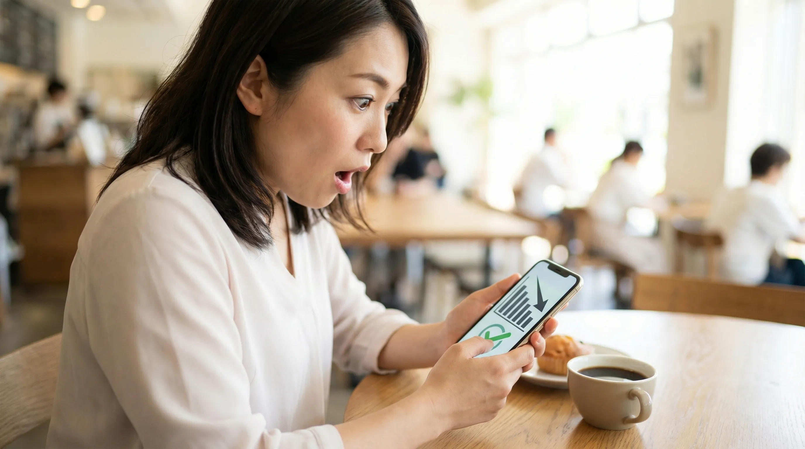 スマホ画面でネット型自動車保険の見積もり結果を表示し、「年間-50,000円！」と驚いているユーザーのイラスト