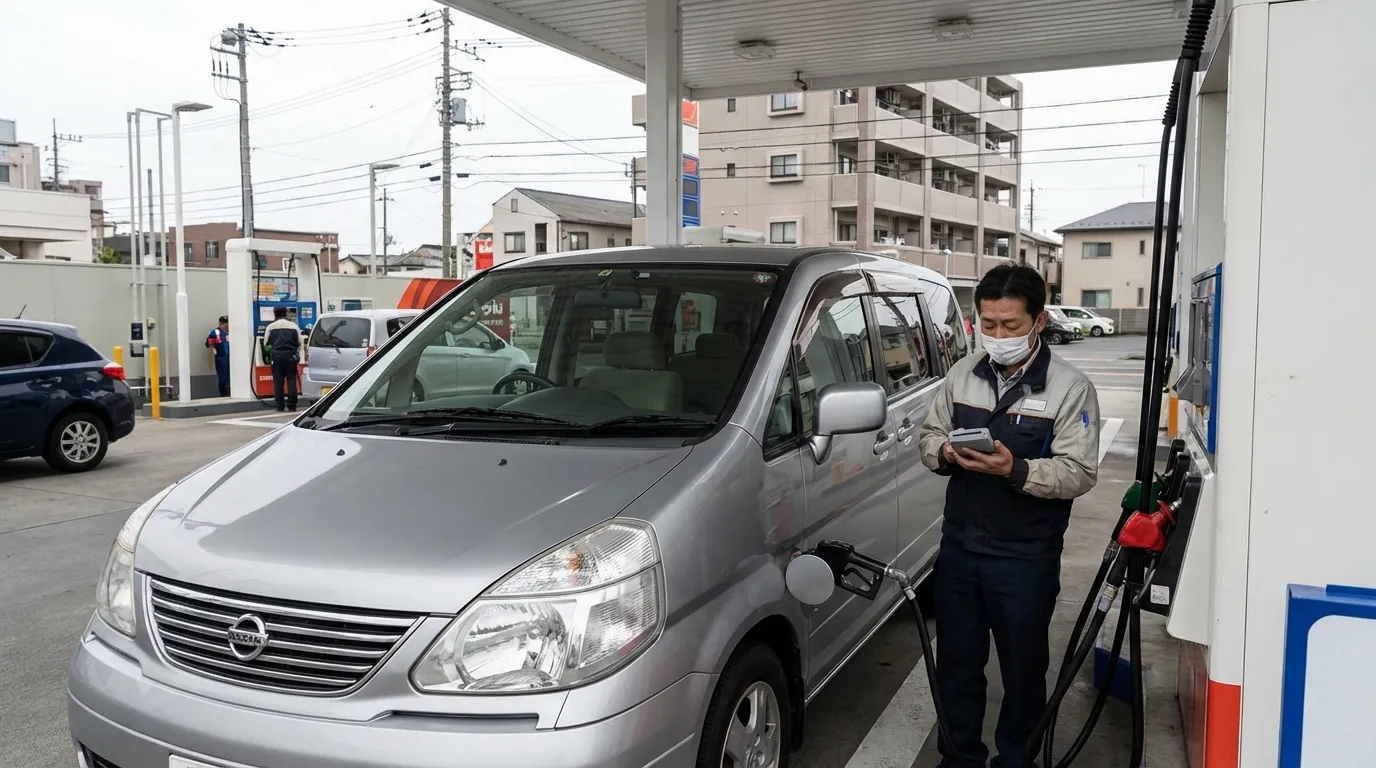 ガソリンスタンドで給油しているセレナ