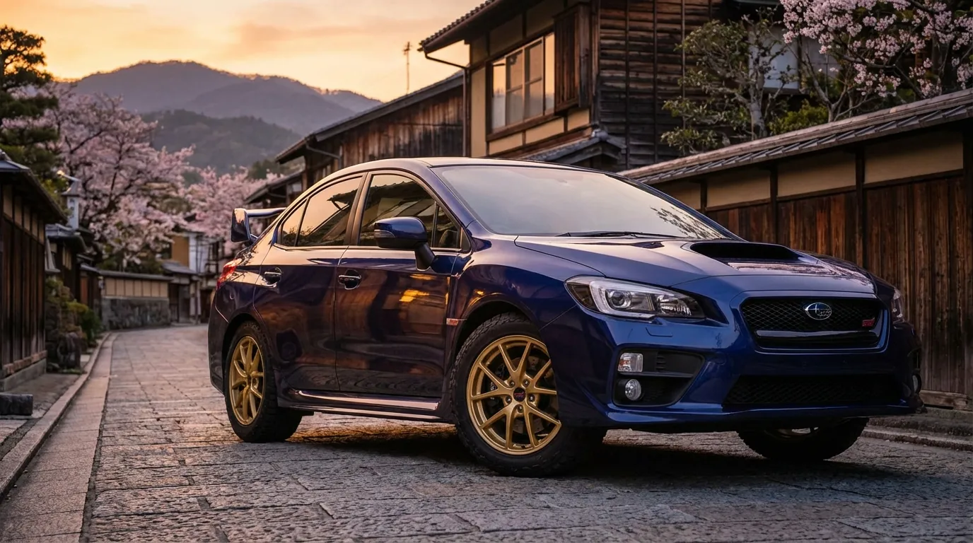 WRブルー・パールのスバルWRX STIのサイドビュー