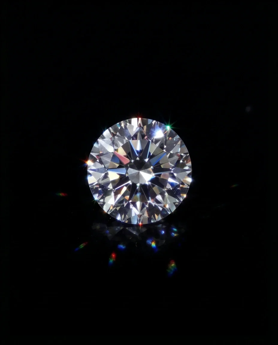 A brilliant-cut diamond throwing chromatic sparkles of fire