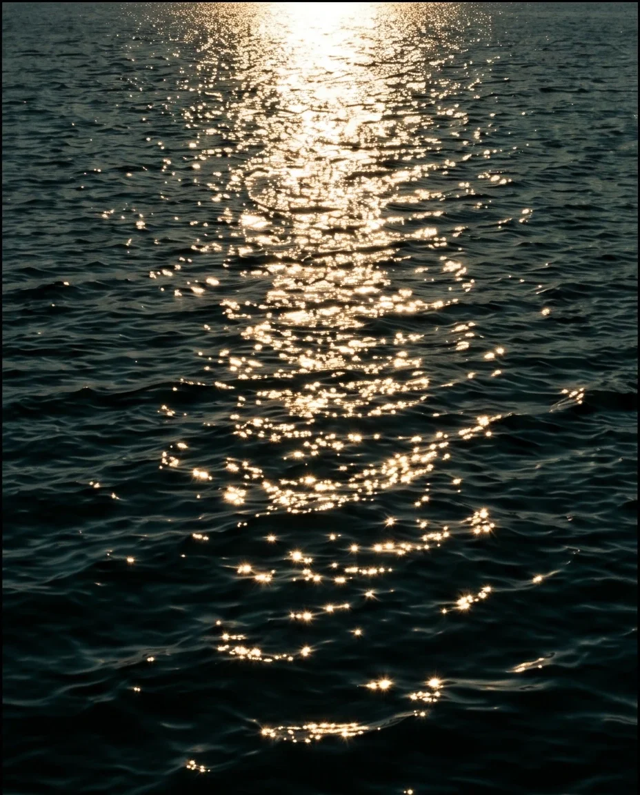 Sunlight glittering in a thousand sparks across a dark moving sea