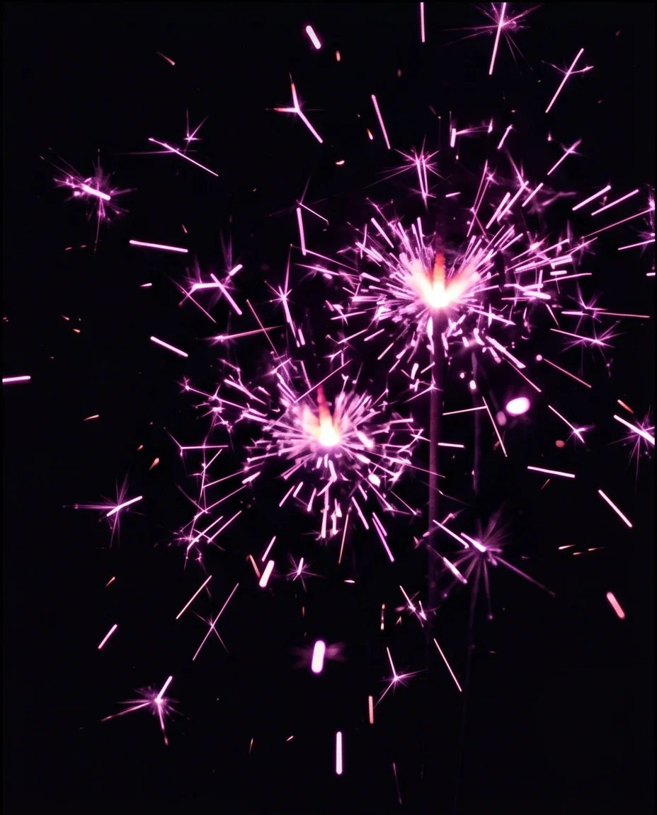 A dark field bursting with bright magenta and violet sparks
