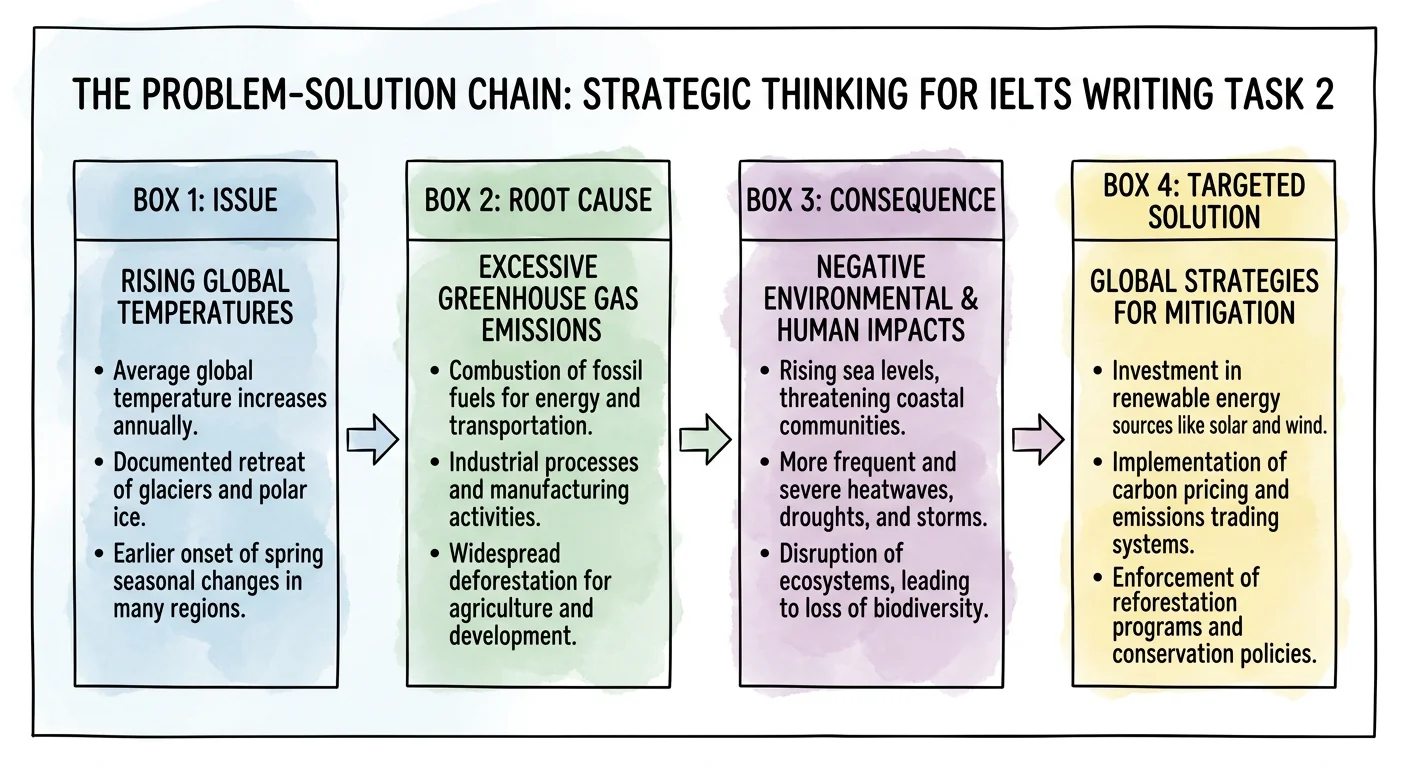 Professional process flowchart illustrating the Problem-Solution chain. Four connected rectangular boxes progress from left to right with arrows. Box 1: Issue. Box 2: Root Cause. Box 3: Consequence. Box 4: Targeted Solution. Clean scientific style with a calm educational color palette.