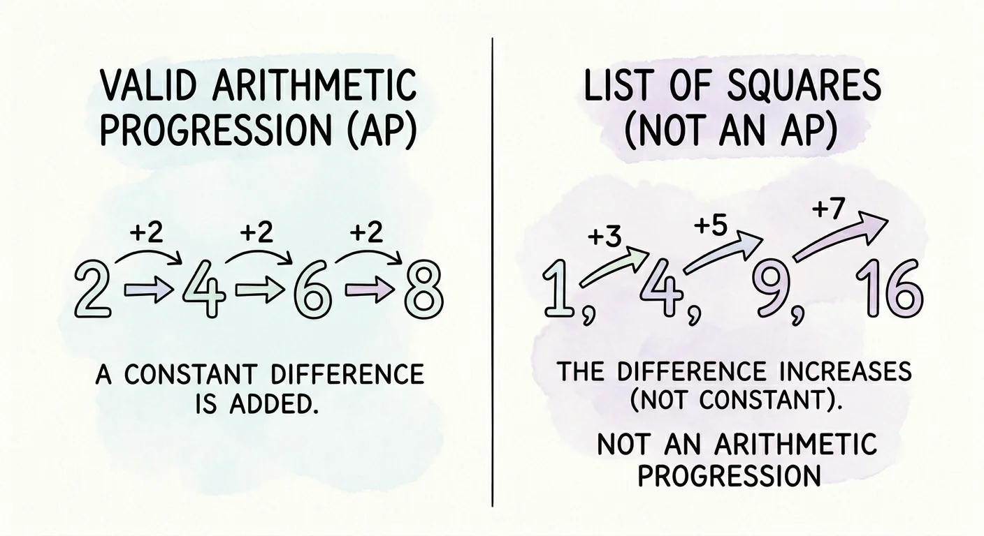 clean side-by-side comparison, consistent visual treatment for both sides, same scale and style, pastel color coding to distinguish categories, elegant typography, white background, generous whitespace. Left side shows a valid Arithmetic Progression with numbers 2, 4, 6, 8 connected by evenly spaced +2 arrows. Right side shows a list of squares with numbers 1, 4, 9, 16 connected by unevenly growing arrows (+3, +5, +7), clearly marked as NOT an Arithmetic Progression.