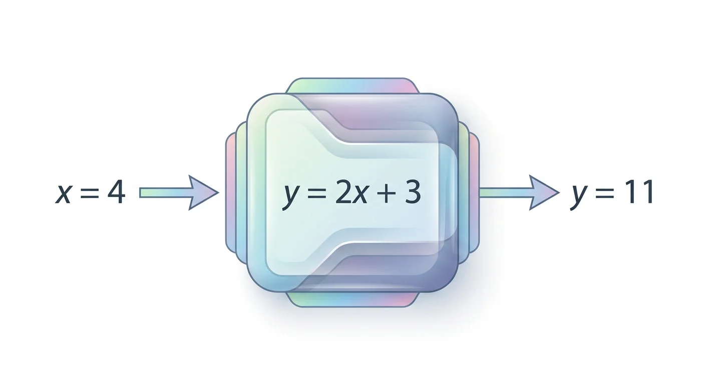 Polished process flowchart, rounded card-style nodes, pastel gradient fills, elegant sans-serif typography, generous whitespace, subtle connecting arrows, light neutral background. Shows an input value 'x = 4' flowing into a central machine-like node labeled 'y = 2x + 3', which then points to an output value 'y = 11'.