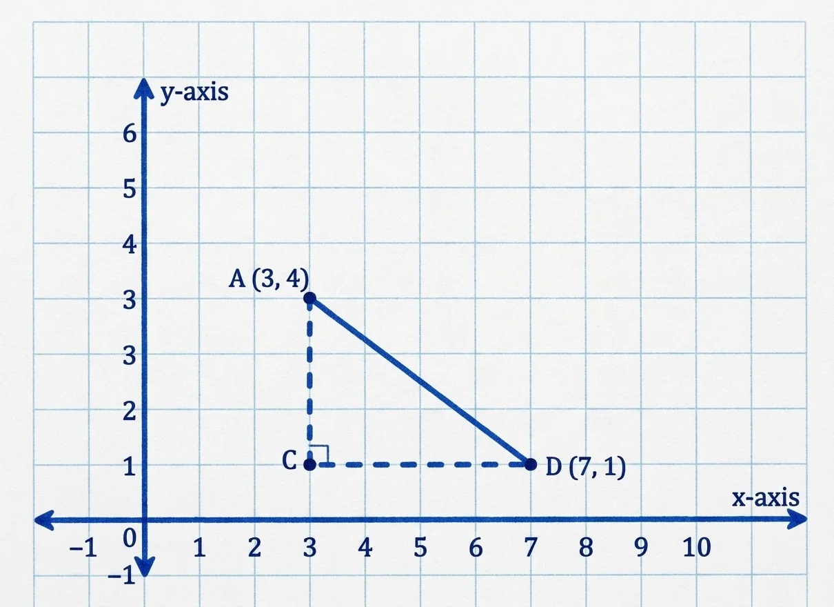 A clean scientific coordinate graph showing a Cartesian plane. Points A at (3,4), D at (7,1), and M at (9,6) are plotted and connected to form an acute triangle ADM. Dashed lines connect point A straight down to C at (3,1) and point D straight left to C at (3,1), forming a right-angled triangle ACD with horizontal and vertical legs.