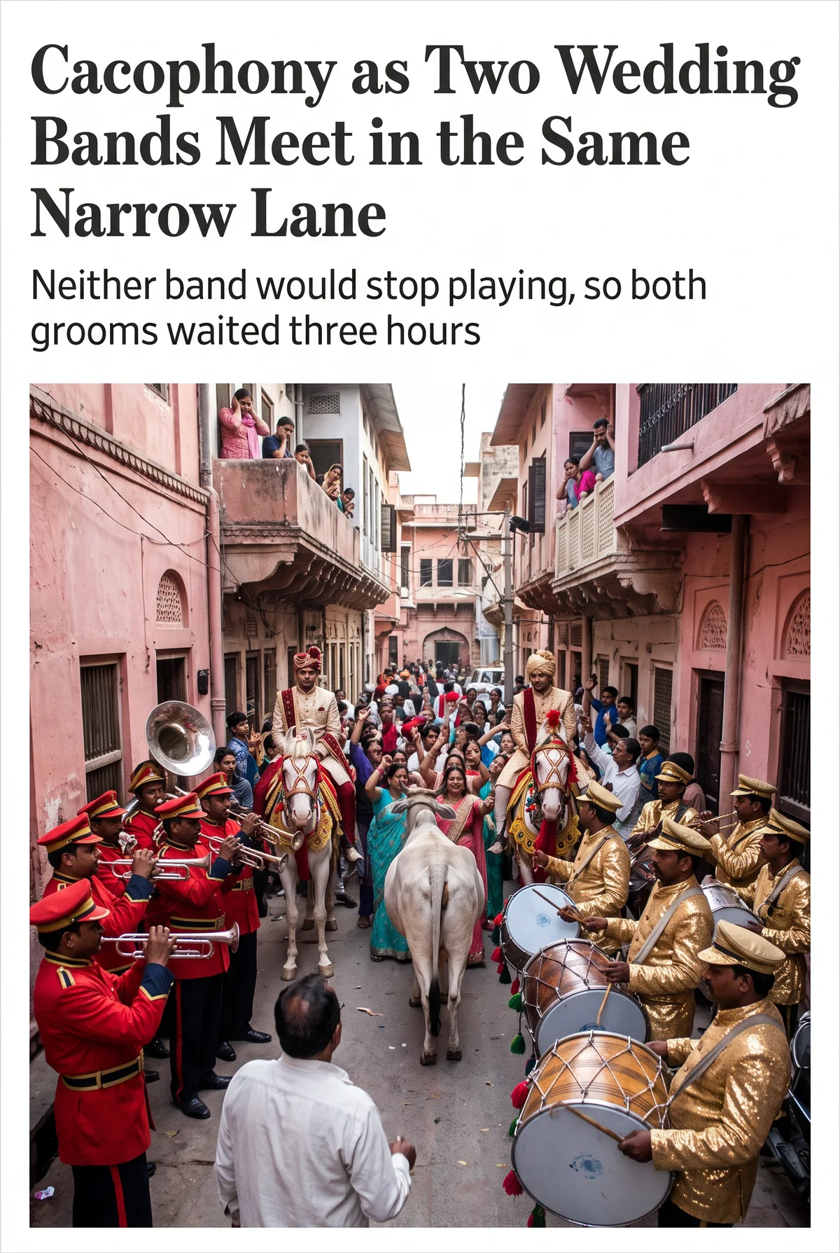 Cacophony as Two Wedding Bands Meet in the Same Narrow Lane