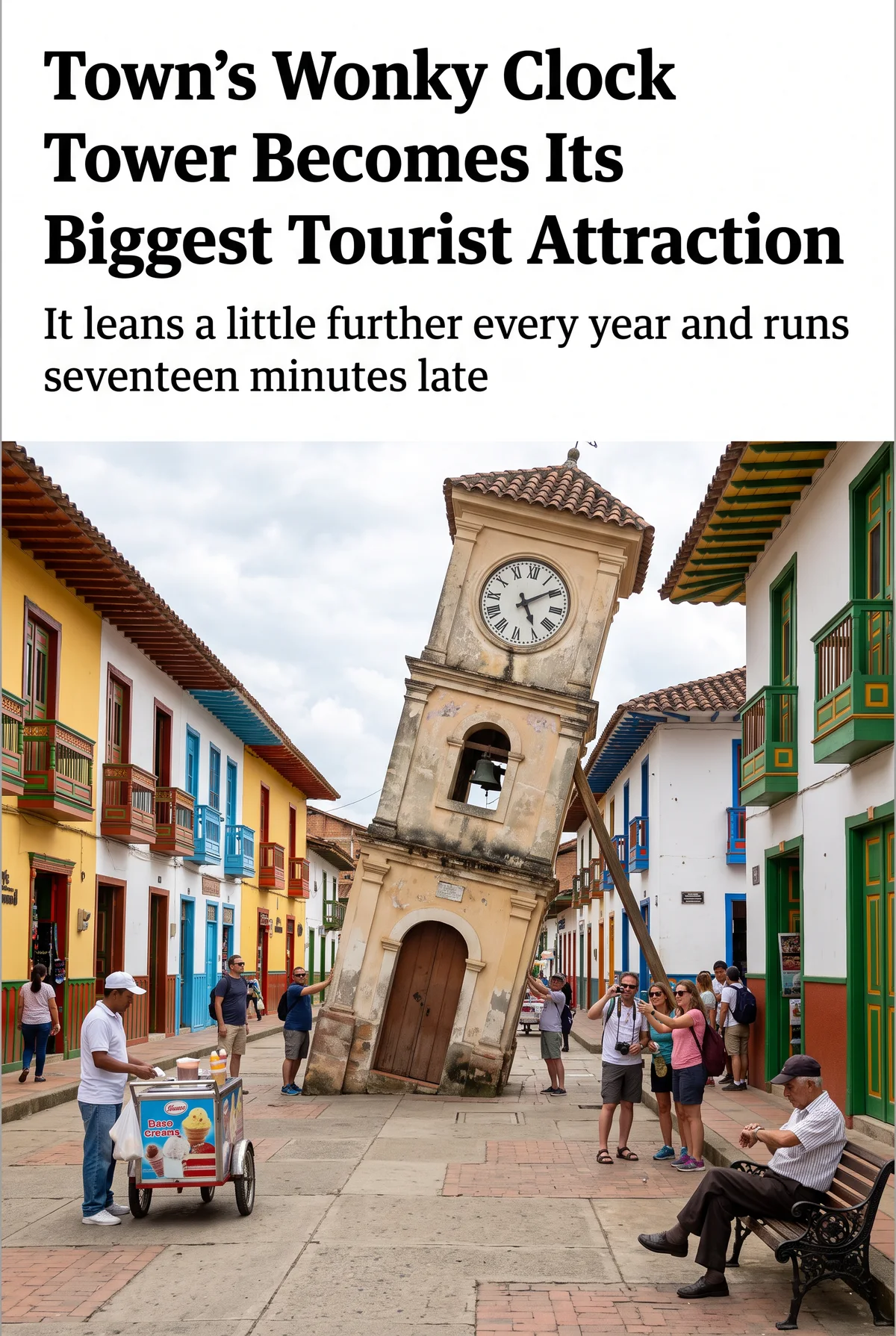 Town's Wonky Clock Tower Becomes Its Biggest Tourist Attraction