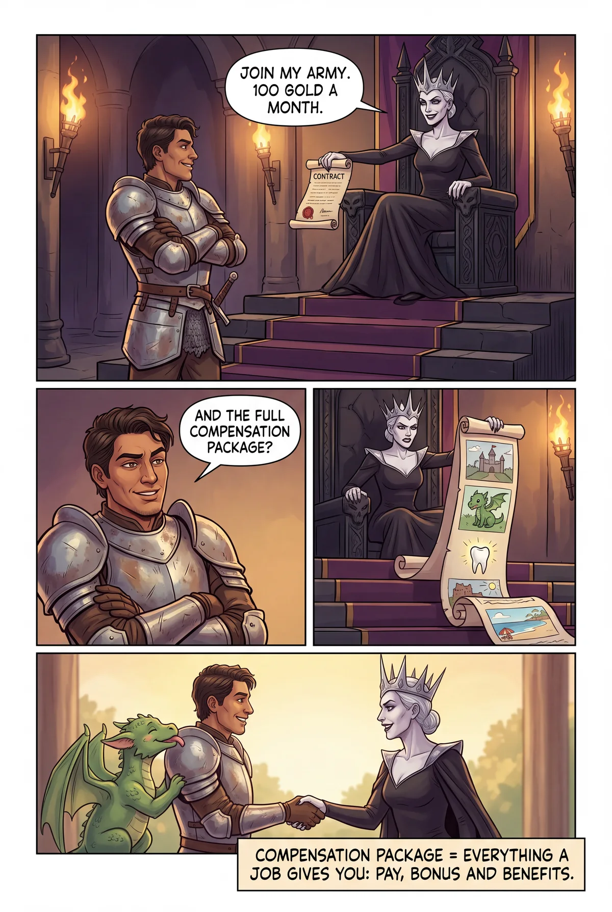A one-page comic about "compensation package".