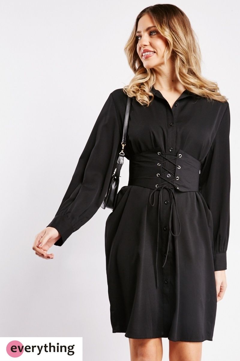 Lace Up Belted Shirt Dress