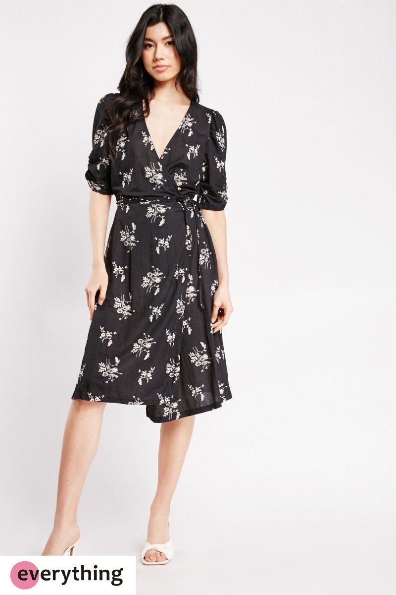 Ruched Floral Wrap Tea Dress