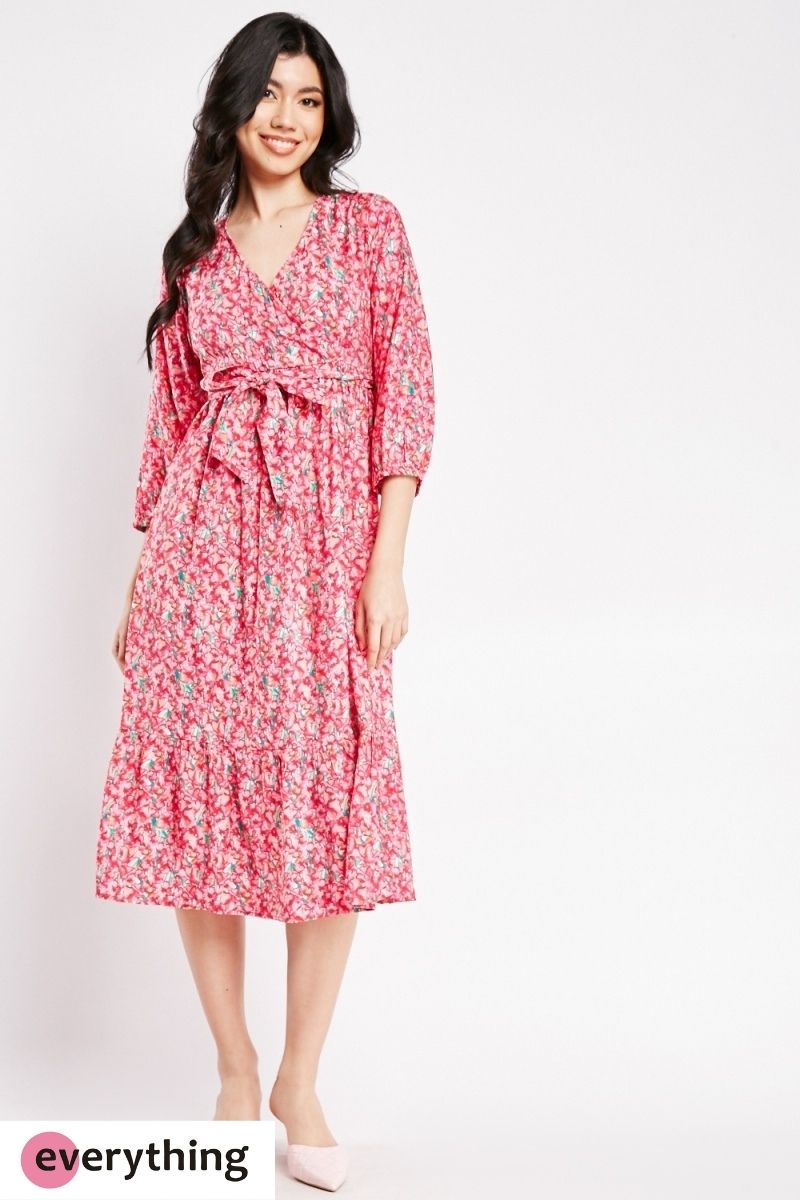 Repetitive Print Midi Wrap Dress