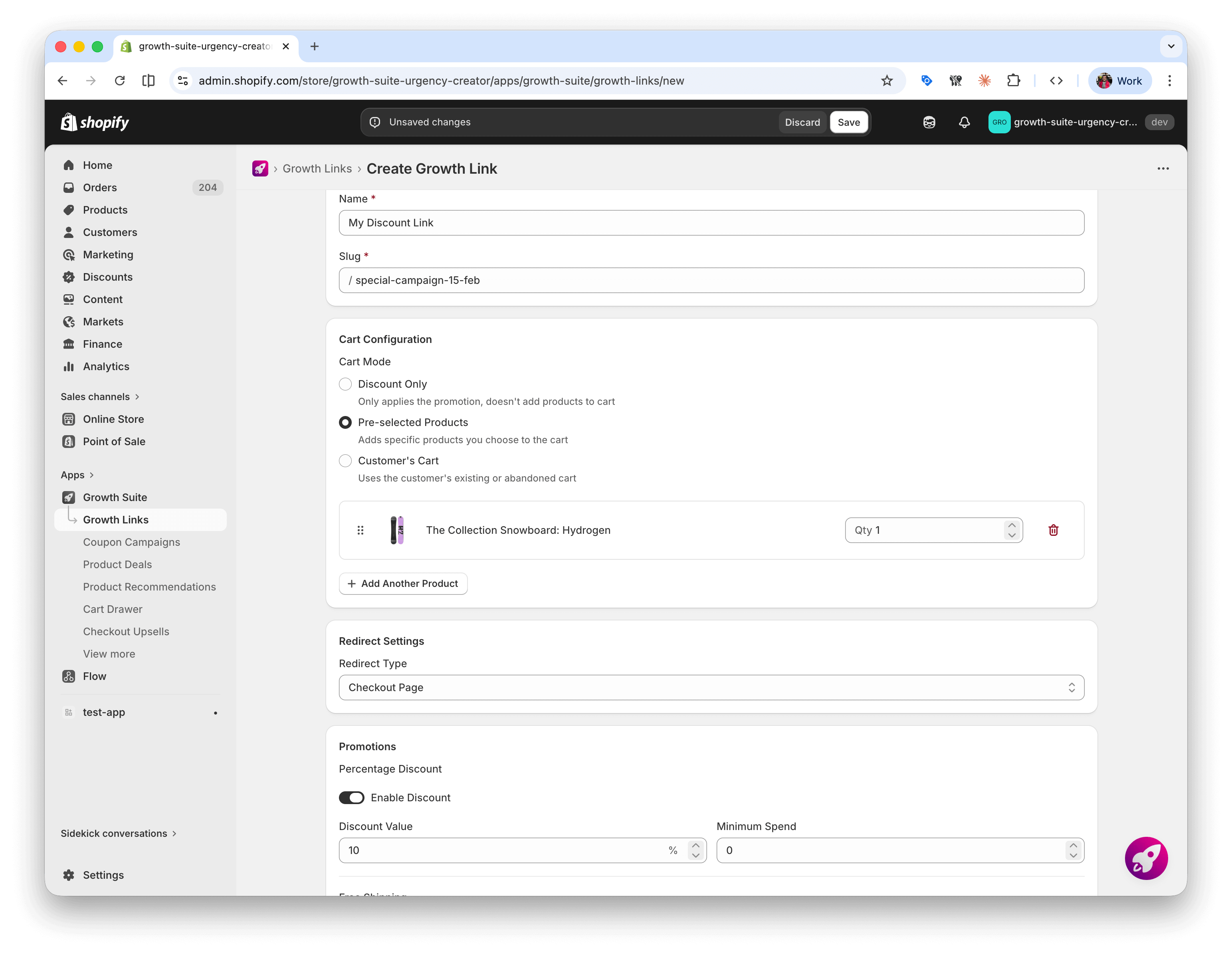 Growth Suite black friday Growth Links strategy creation screen with discount and redirect settings