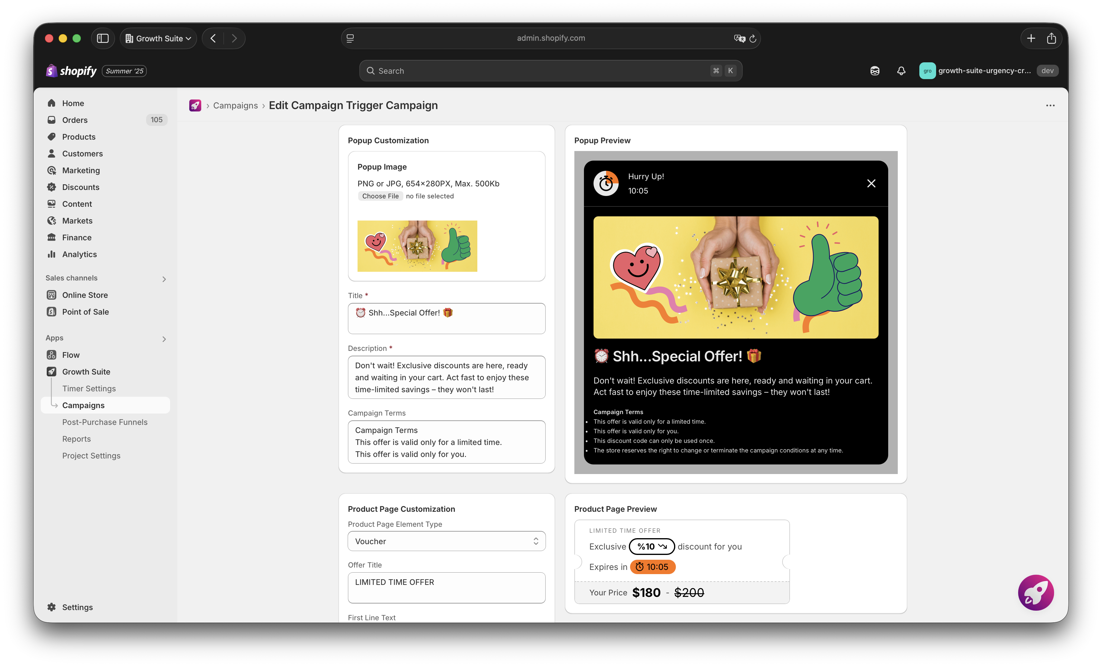 Growth Suite admin panel showing the live, no-code visual editor for campaigns
